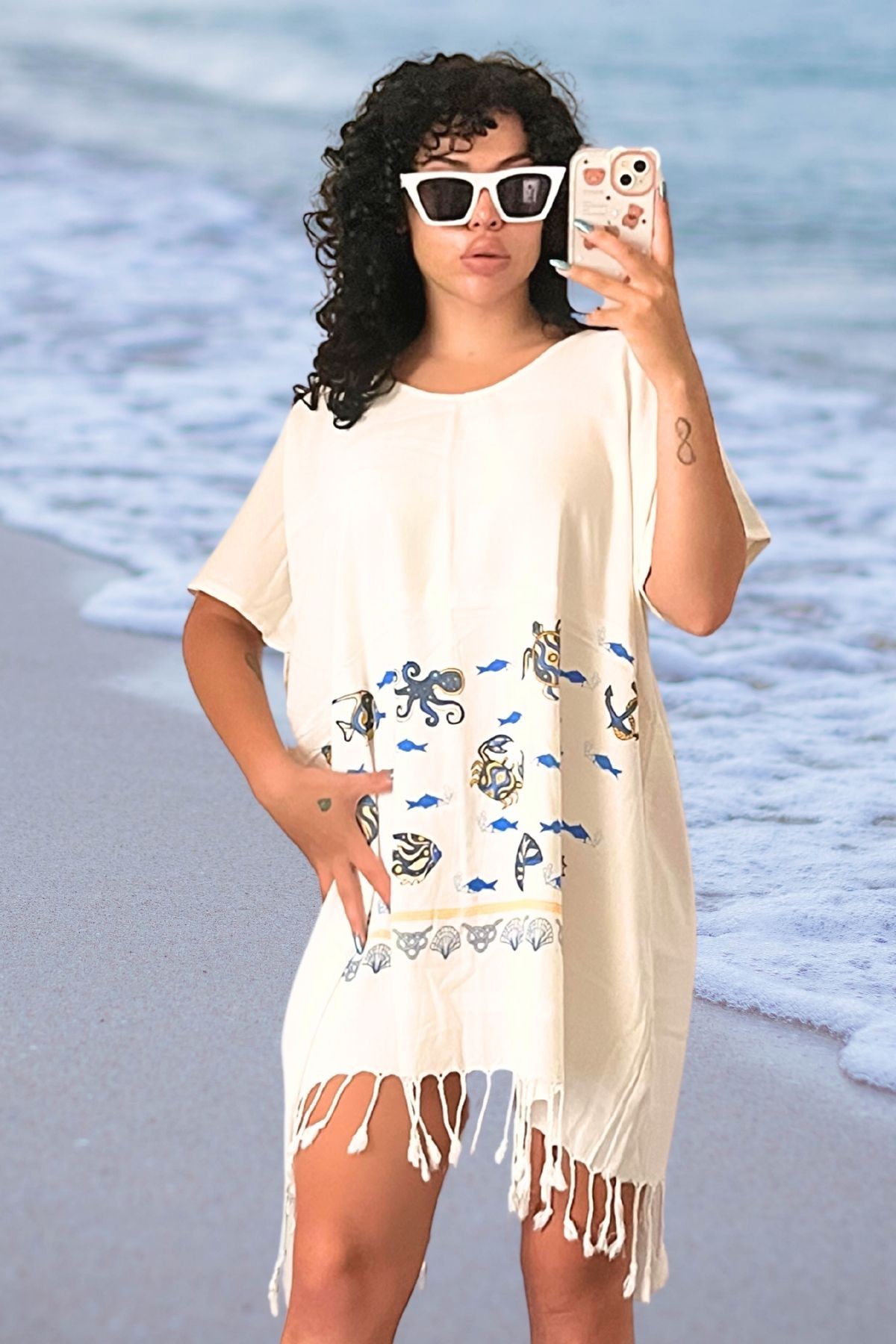 Kadın Pamuklu Pareo Plaj Elbisesi - salaş model deniz canlıları