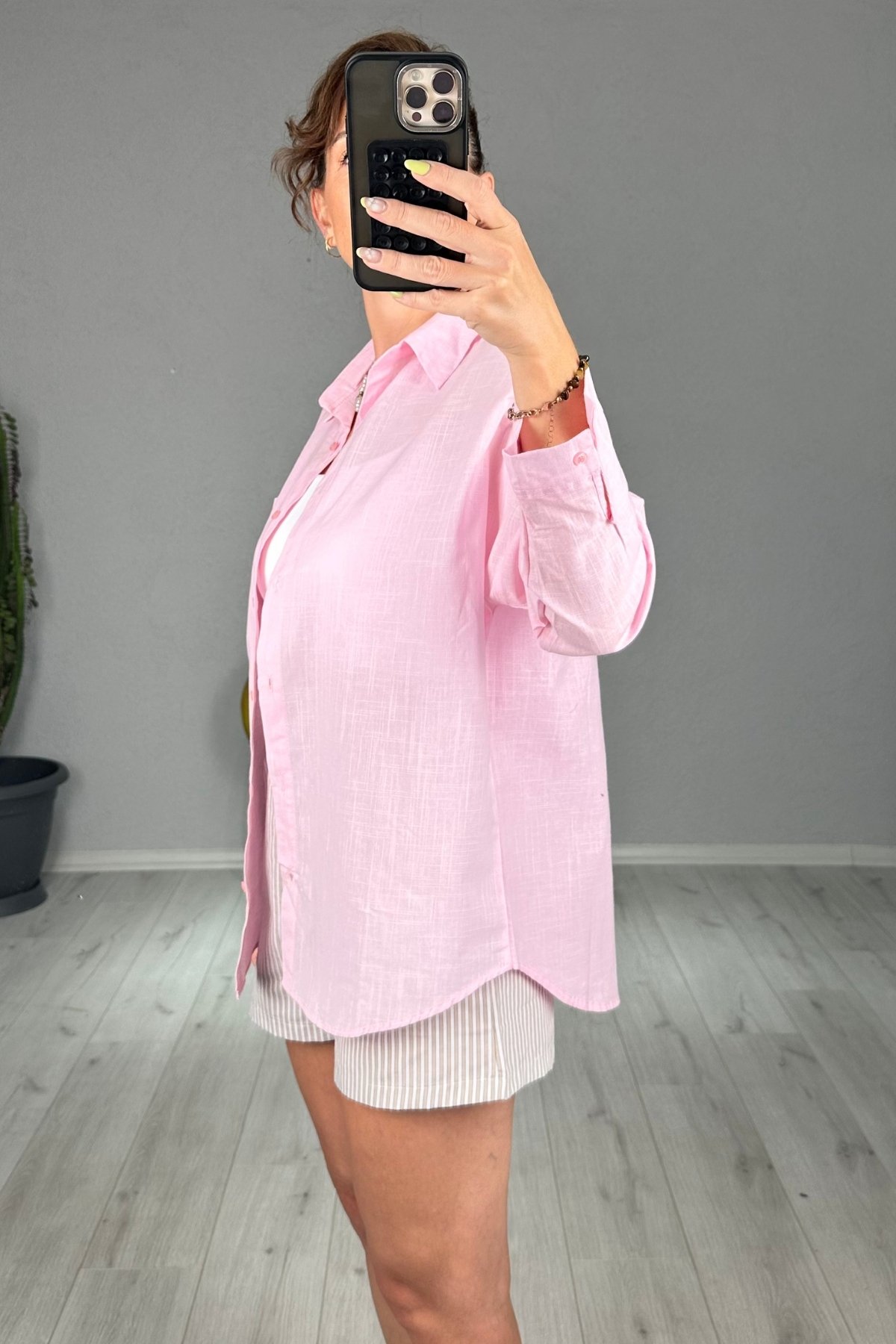 Keten Tek Cepli Oversize Gömlek 