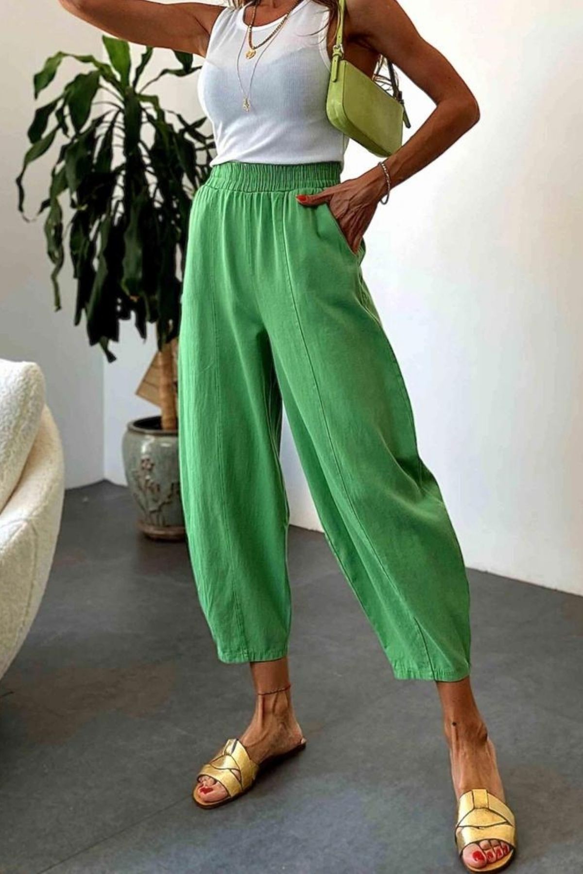 Kadın Önden Şeritli Beli Lastikli Gabardin Pantolon  - Yeşil
