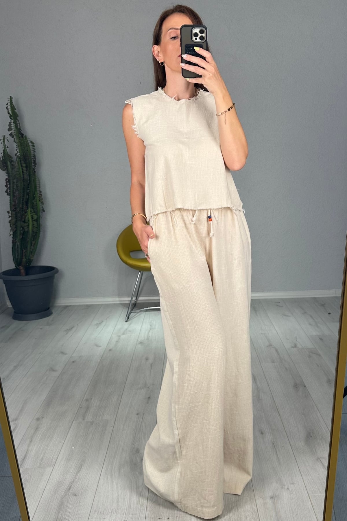 Keten Pantolon Bluz Takım