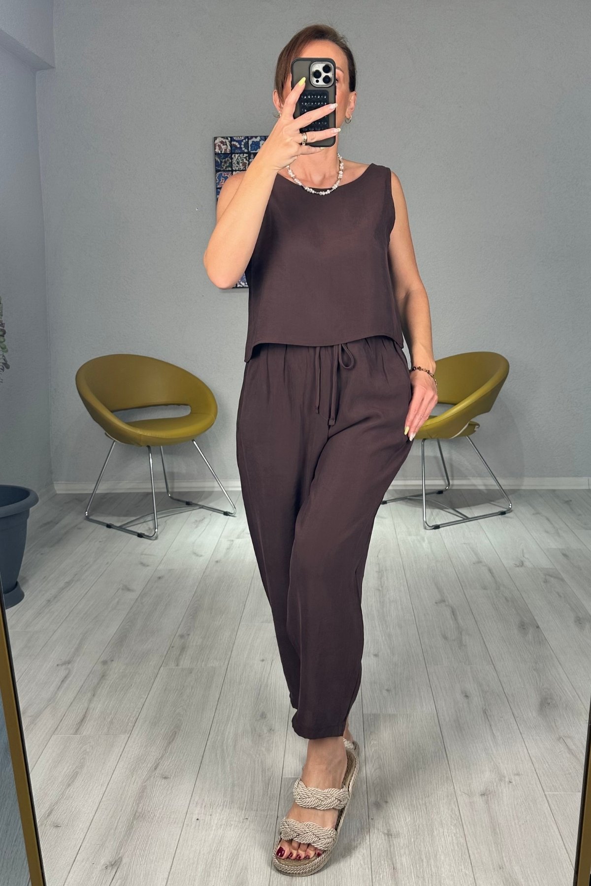 Modal Kumaş Atlet Pantolon Takım - kahverengi
