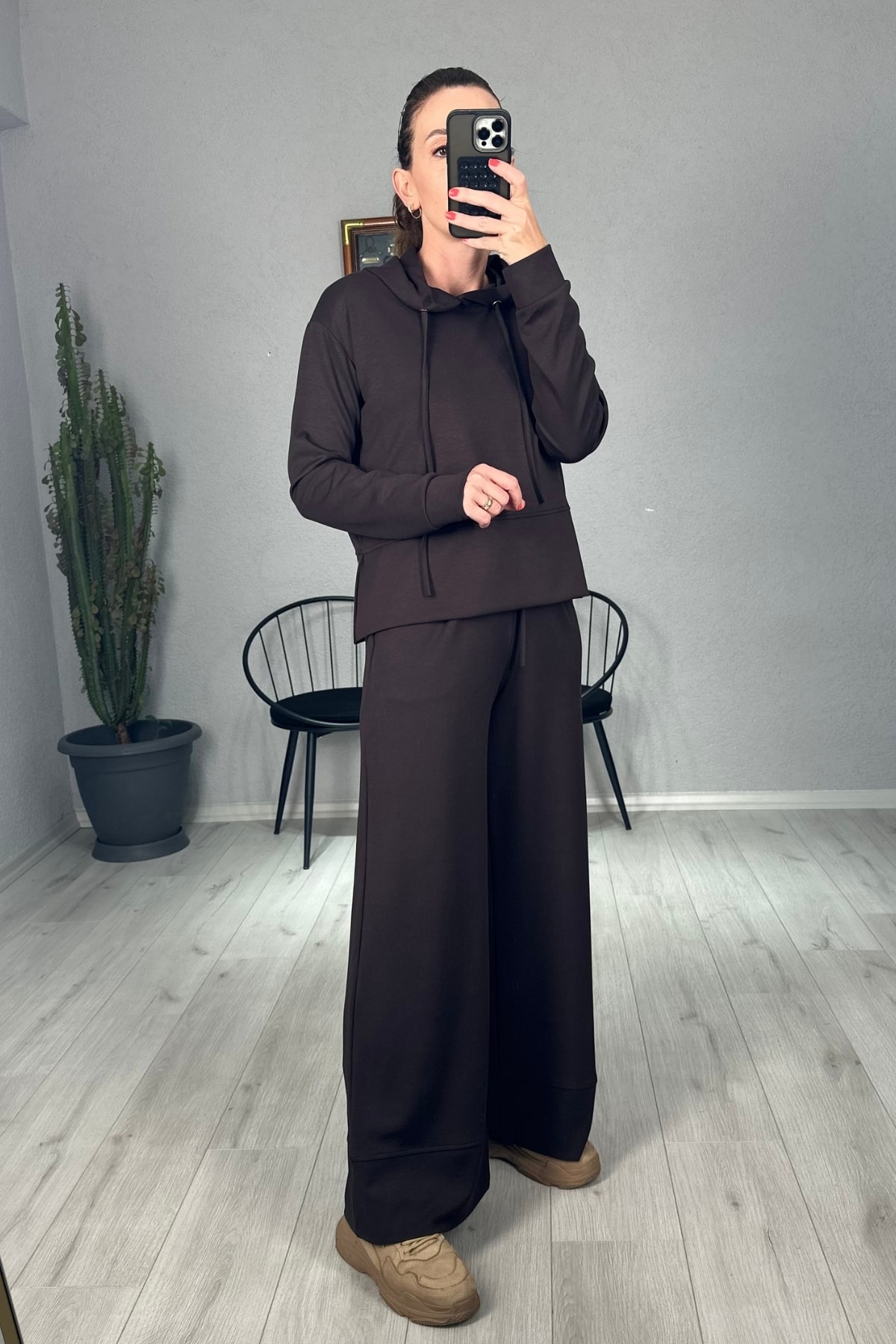 Modal Kapşonlu Sweat ve Manşetli Pantolon Takım 