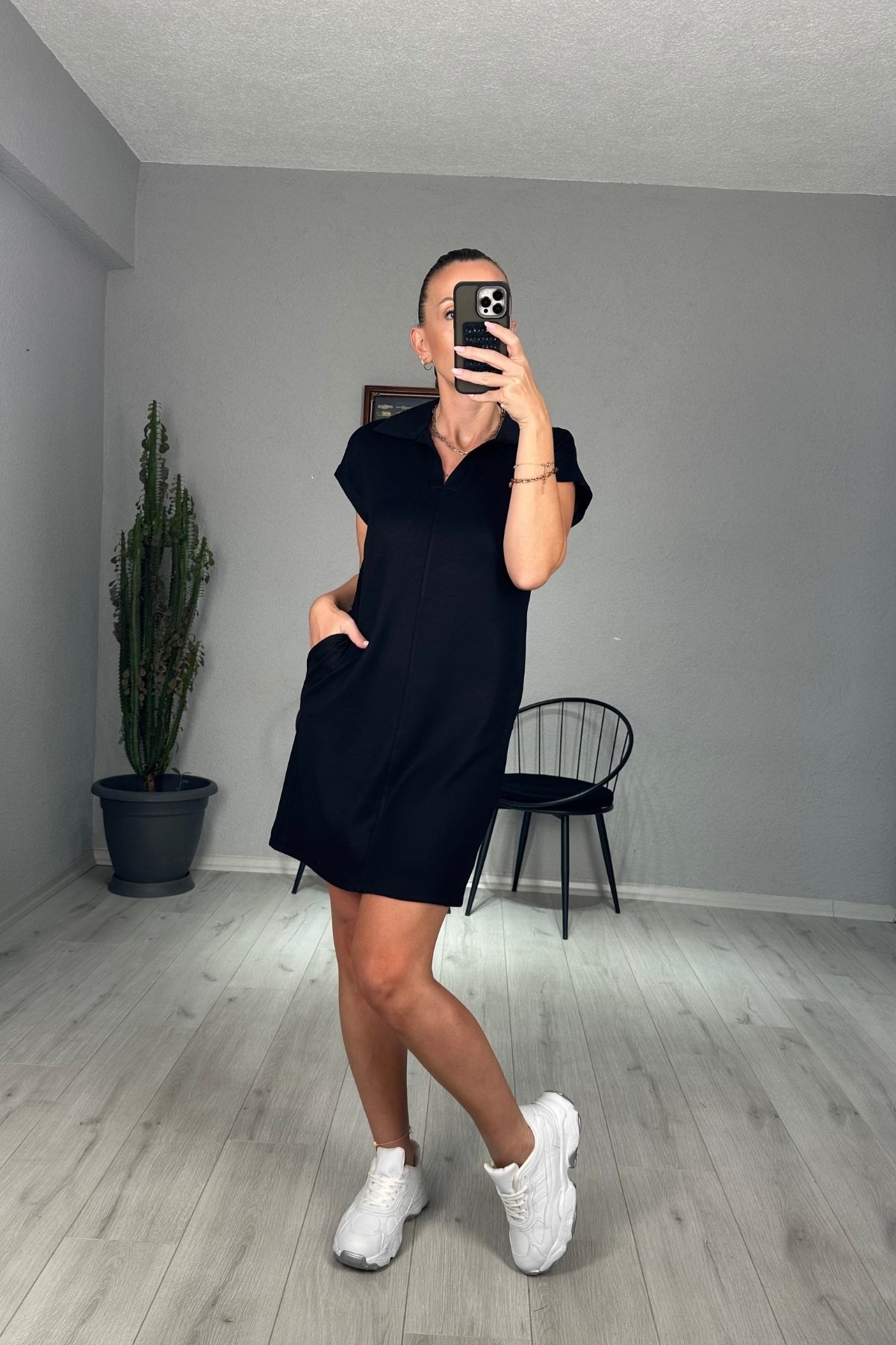 Modal Polo Yaka Cepli Elbise  - Siyah