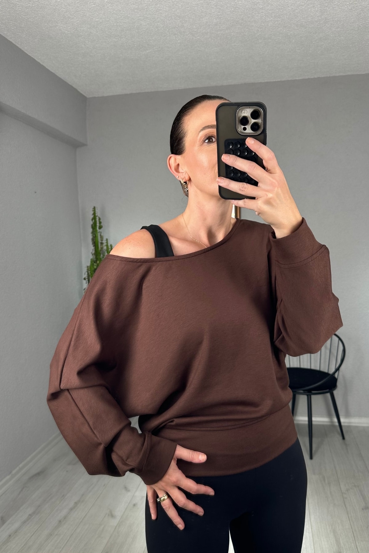 Modal Düşük Omuz Sweatshirt - kahverengi