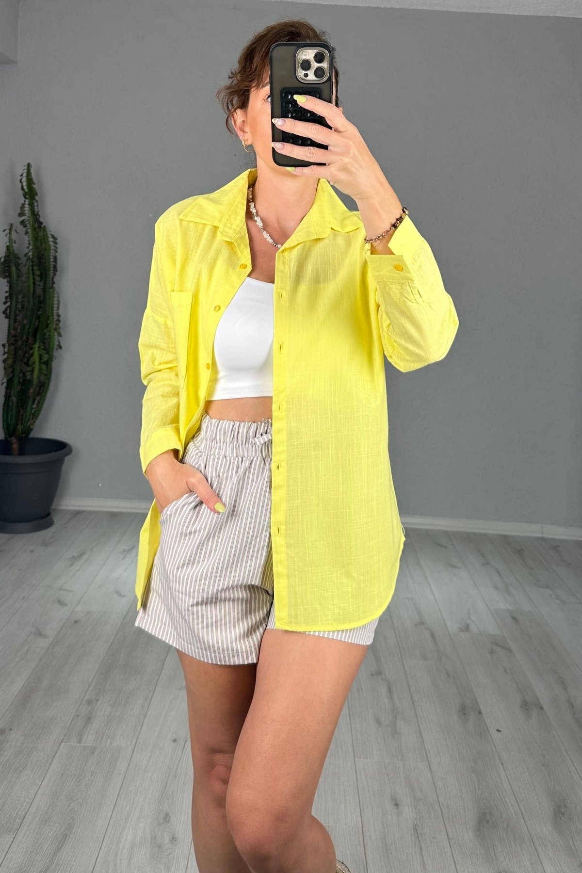 Keten Tek Cepli Oversize Gömlek  - sarı