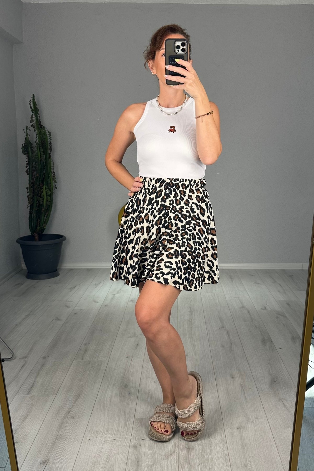 Beli Lastikli Çok Renkli Şort Etek  - leopar