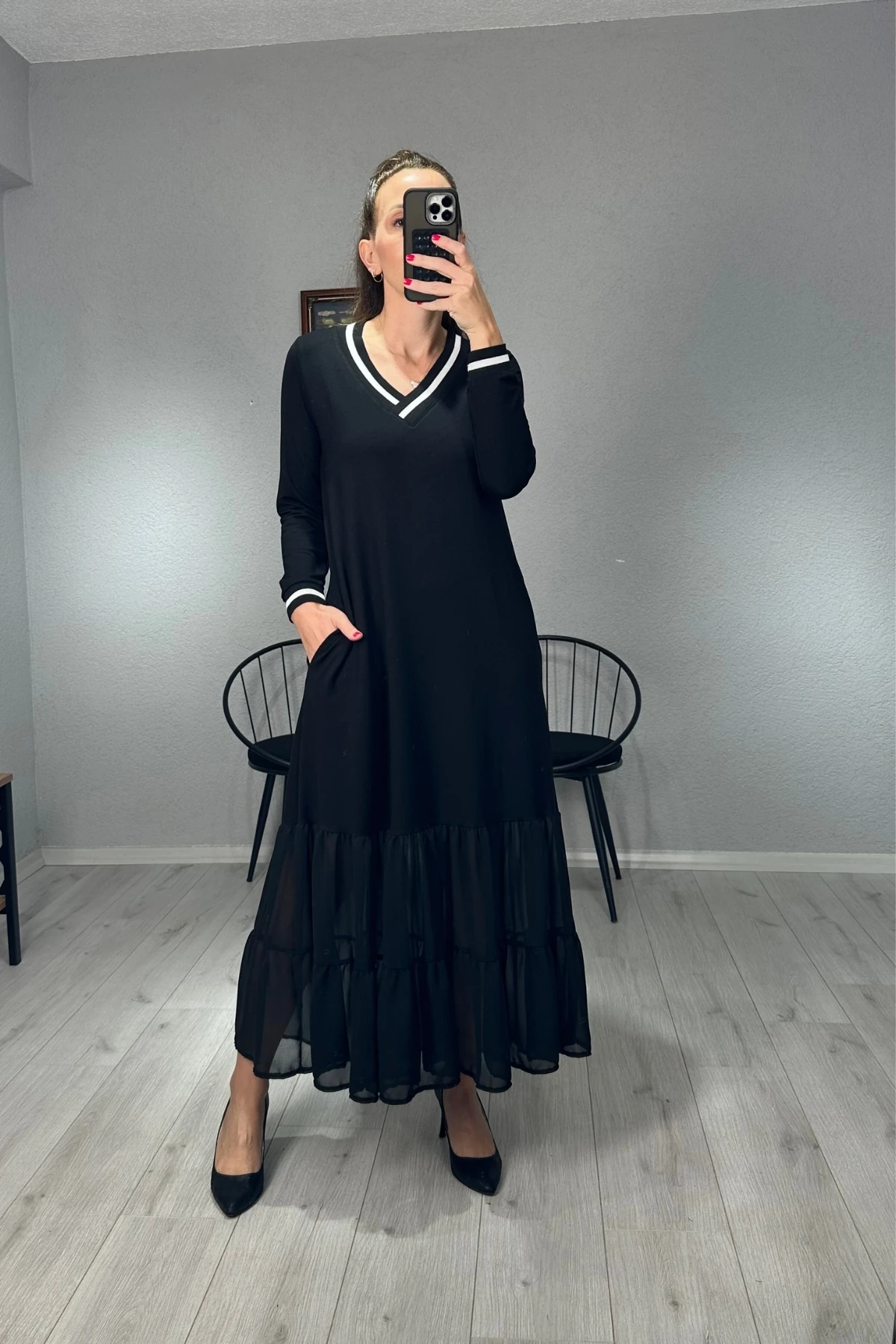 Şifon Detay Ribanalı Elbise