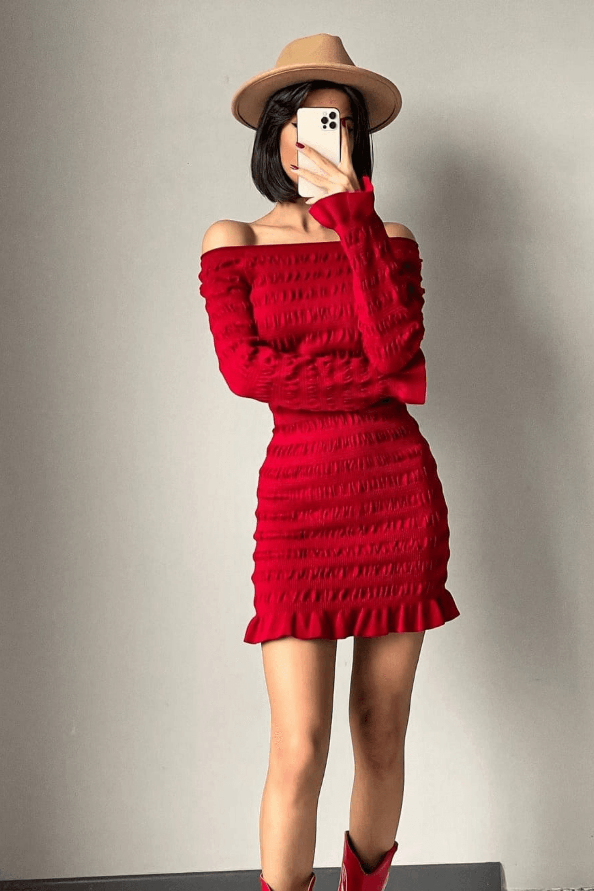Kadın Uzun Kollu Kırmızı Mini Elbise