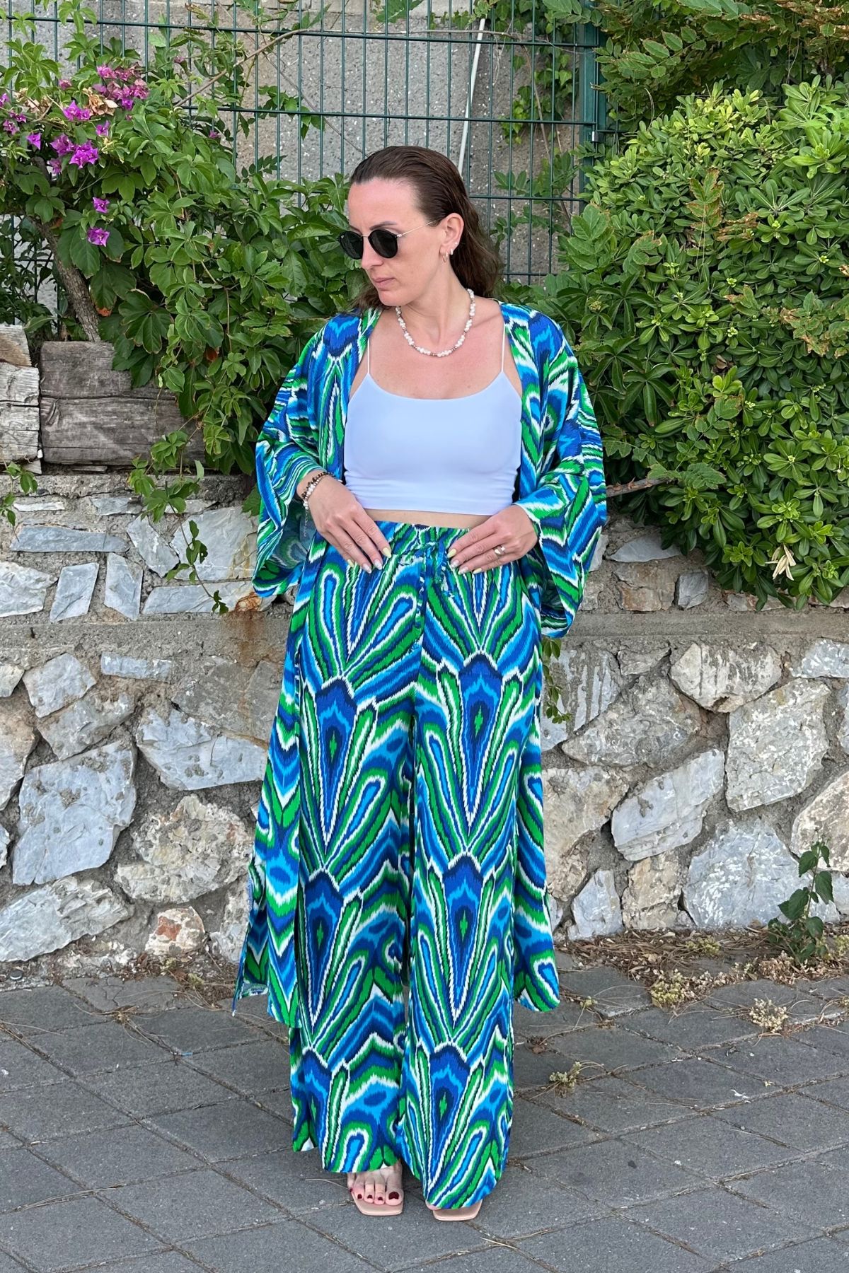 Desenli Kimono Pantolon Takım  - Yeşil