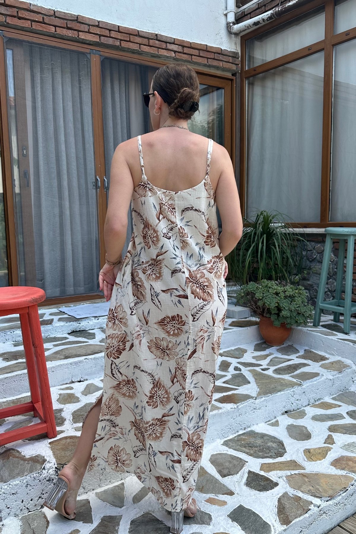 Desenli Yırtmaçlı Cepli Uzun Keten Elbise 