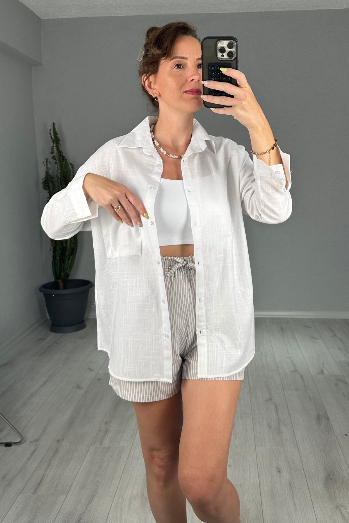 Keten Tek Cepli Oversize Gömlek
