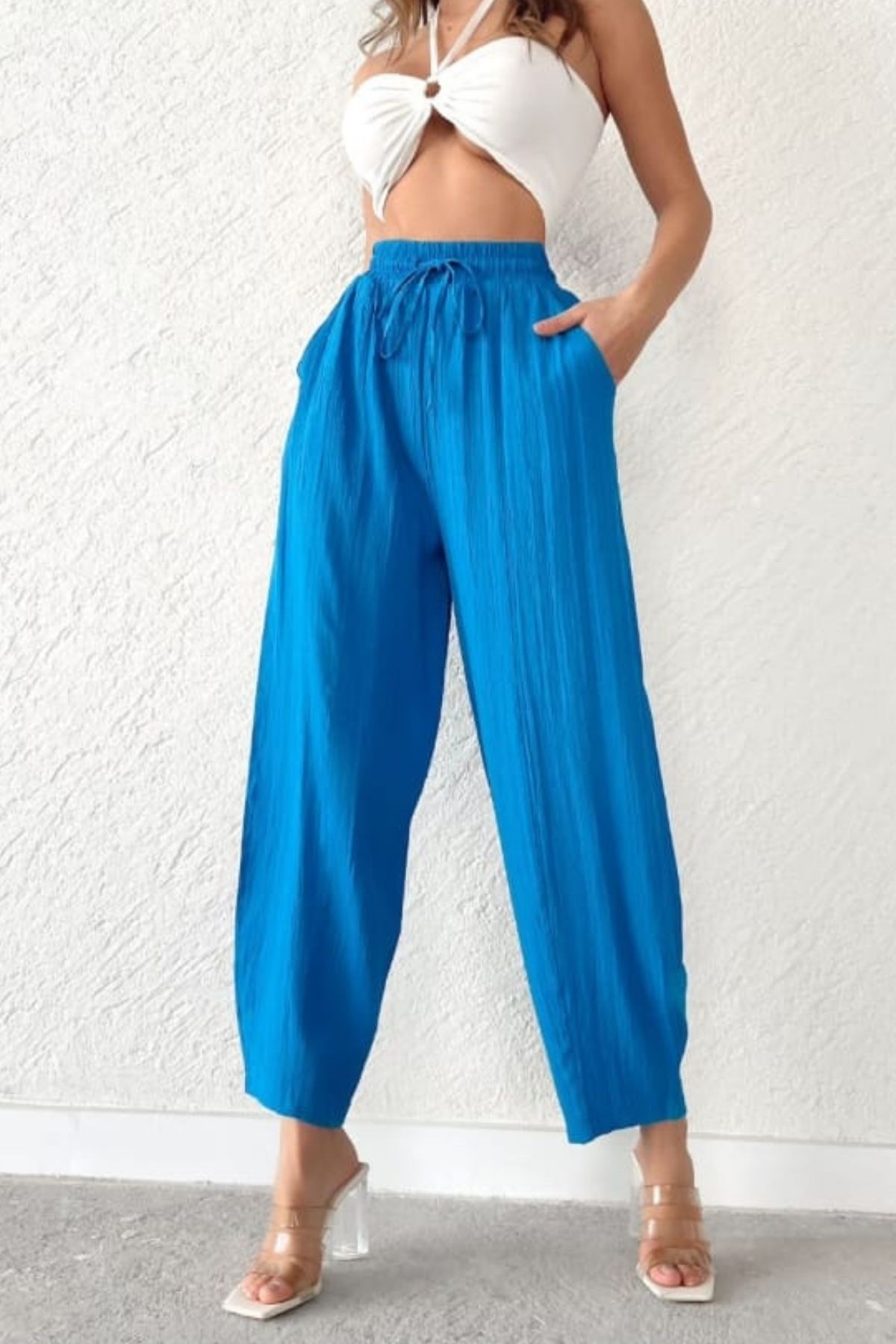 Kadın Gofre Kumaş Şalvar Balon Pantolon - koyu mavi