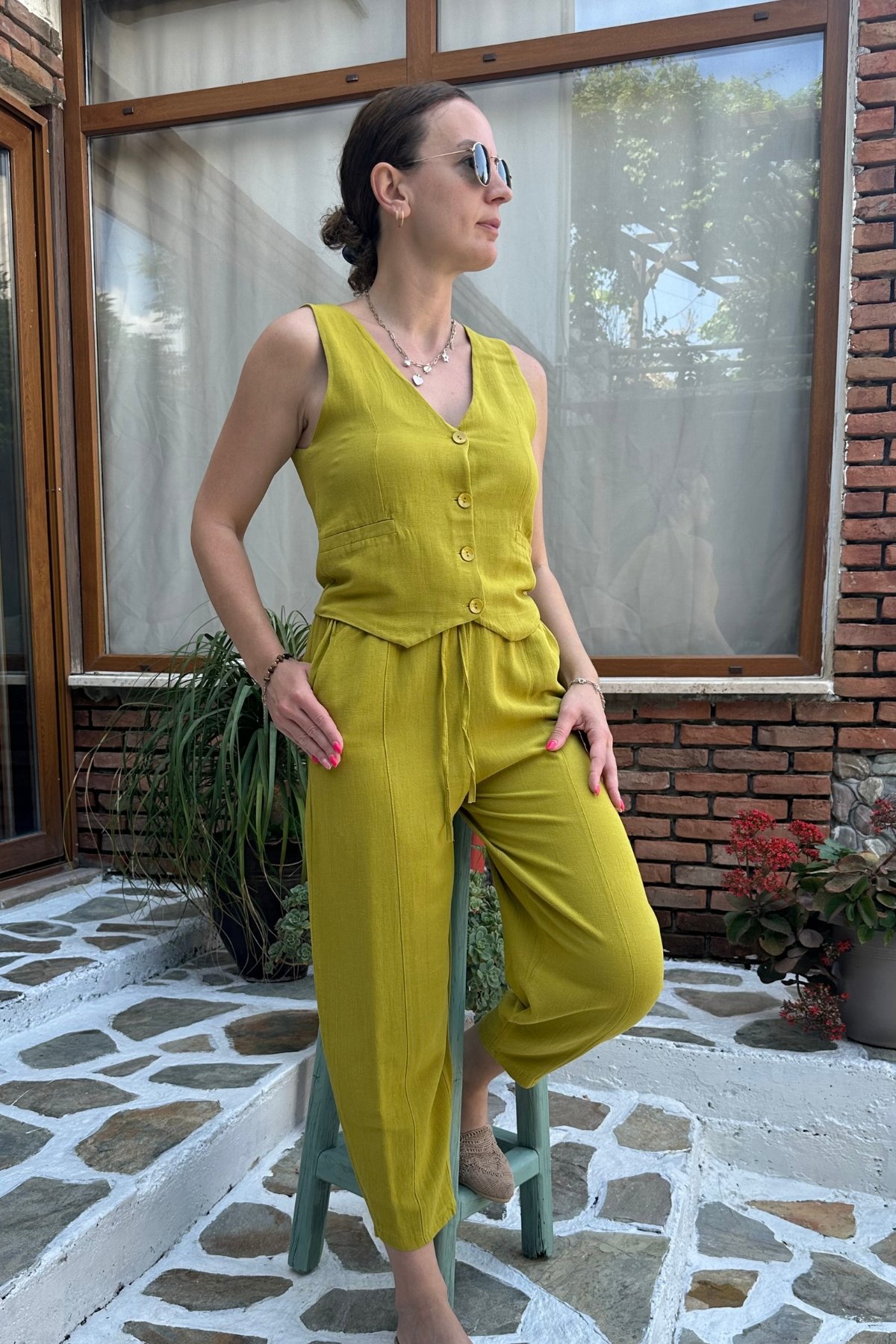 Keten Yelek Pantolon Takım  - yağ yeşili