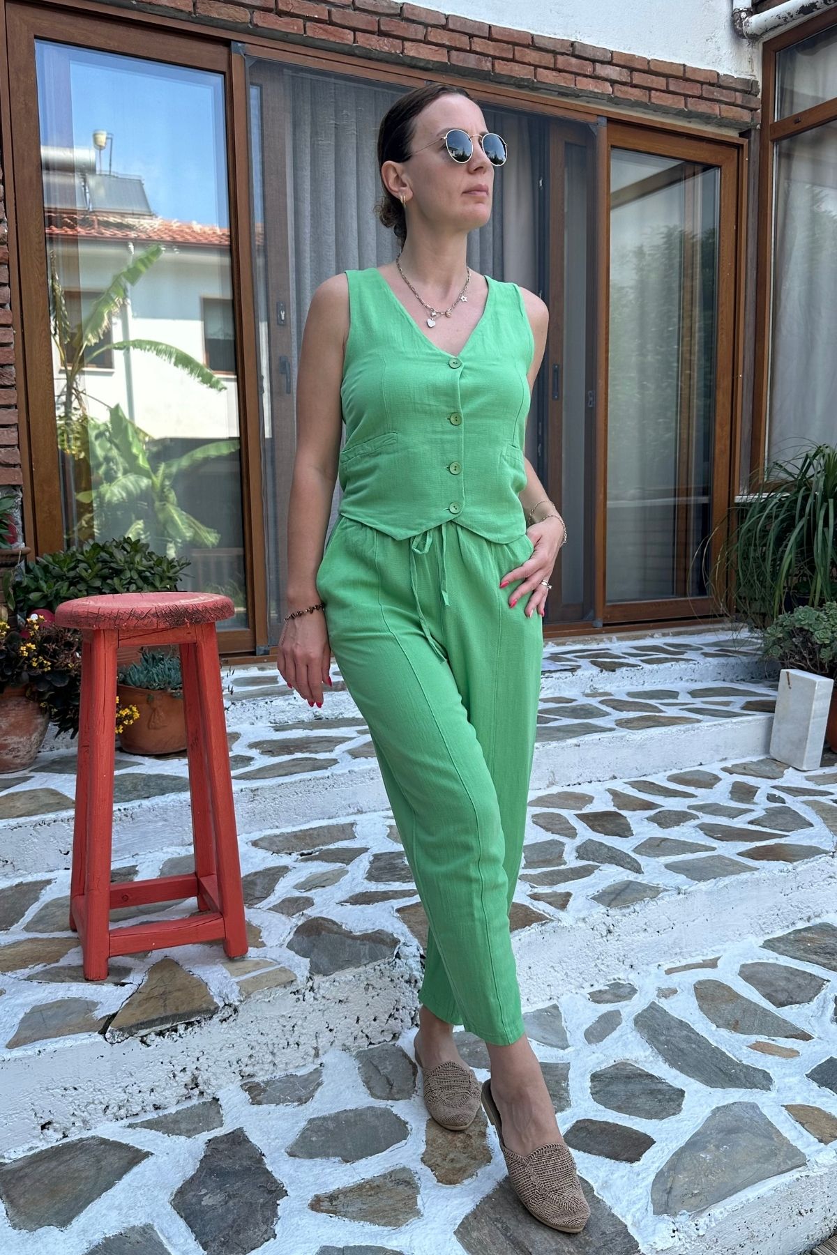 Keten Yelek Pantolon Takım  - Yeşil