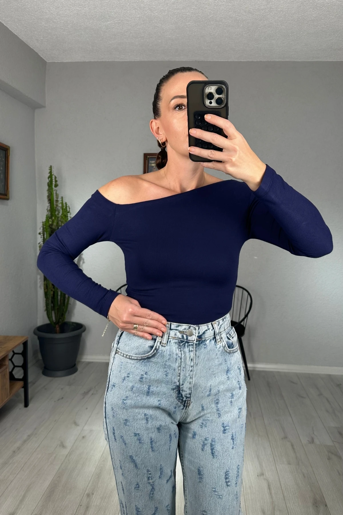 Modal Tek Omuz Uzun Kollu Body  - lacivert