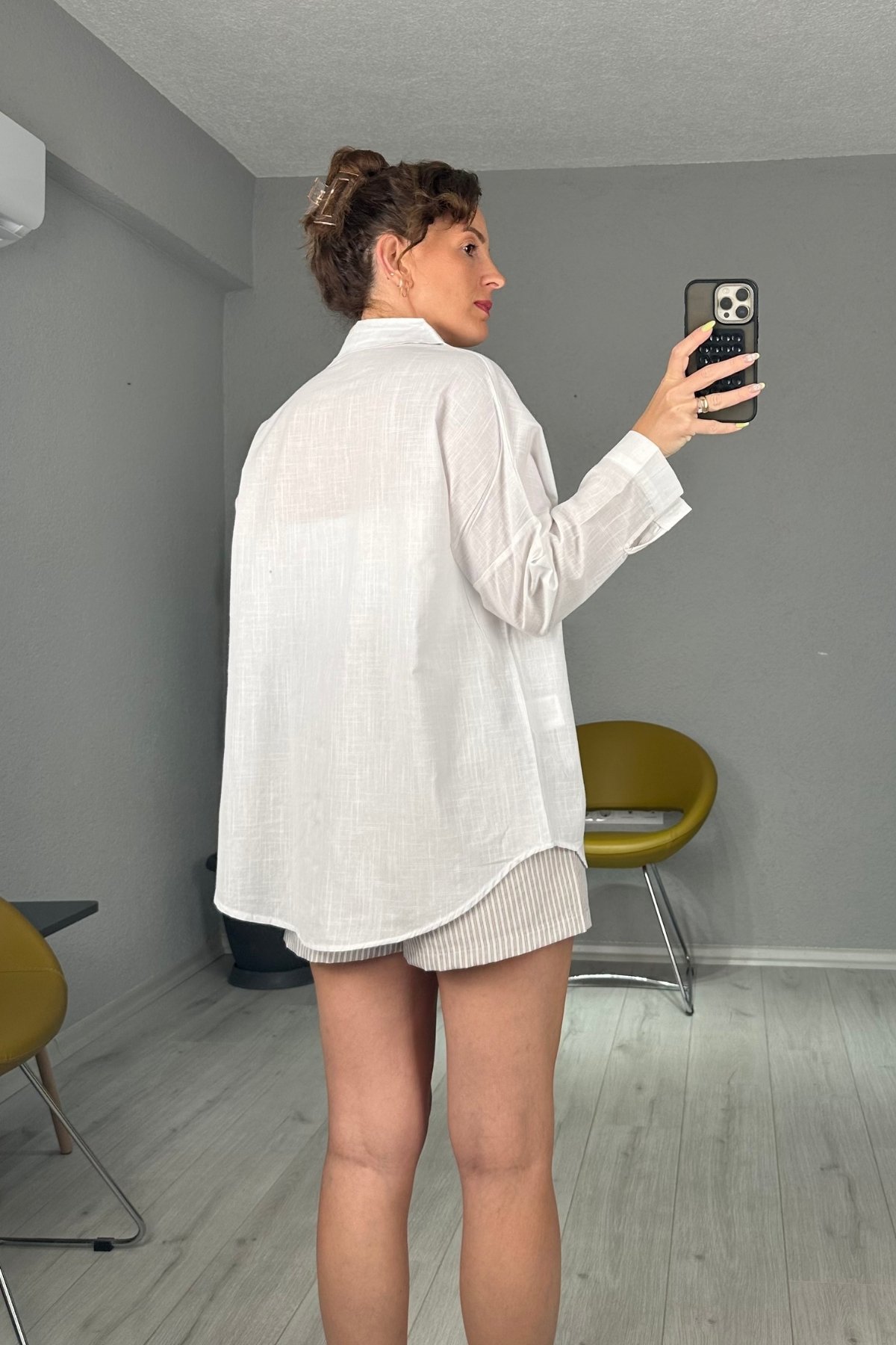 Keten Tek Cepli Oversize Gömlek