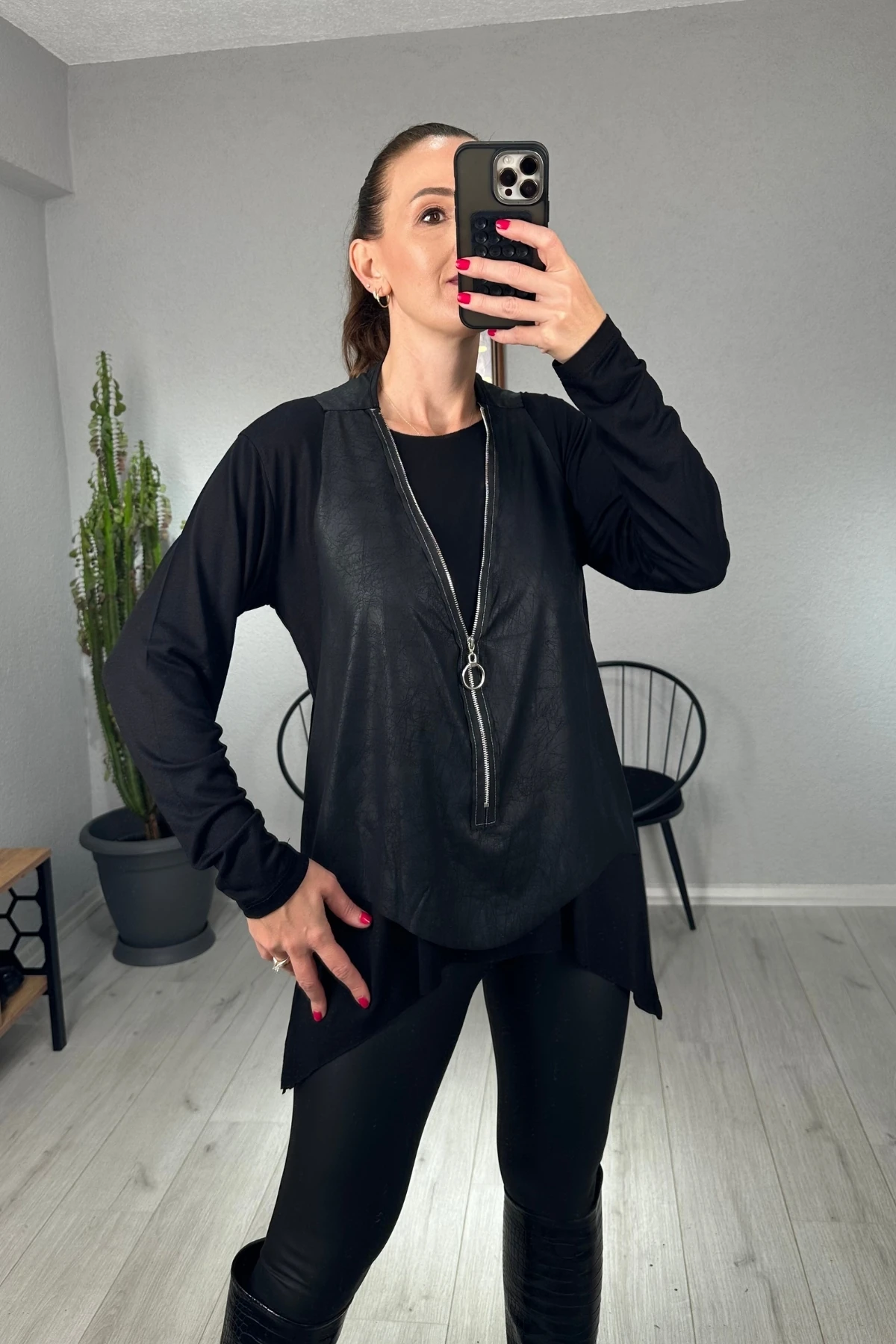 Fermuar Detaylı Yelekli Bluz  - Siyah