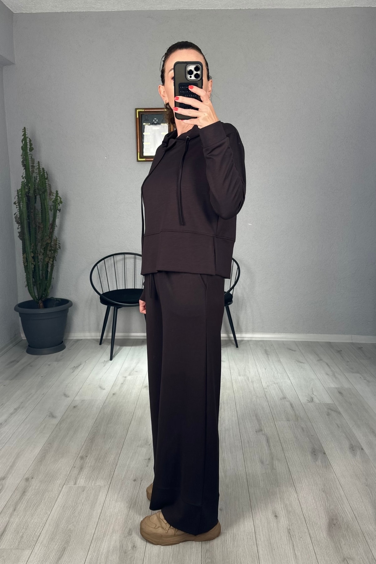 Modal Kapşonlu Sweat ve Manşetli Pantolon Takım 