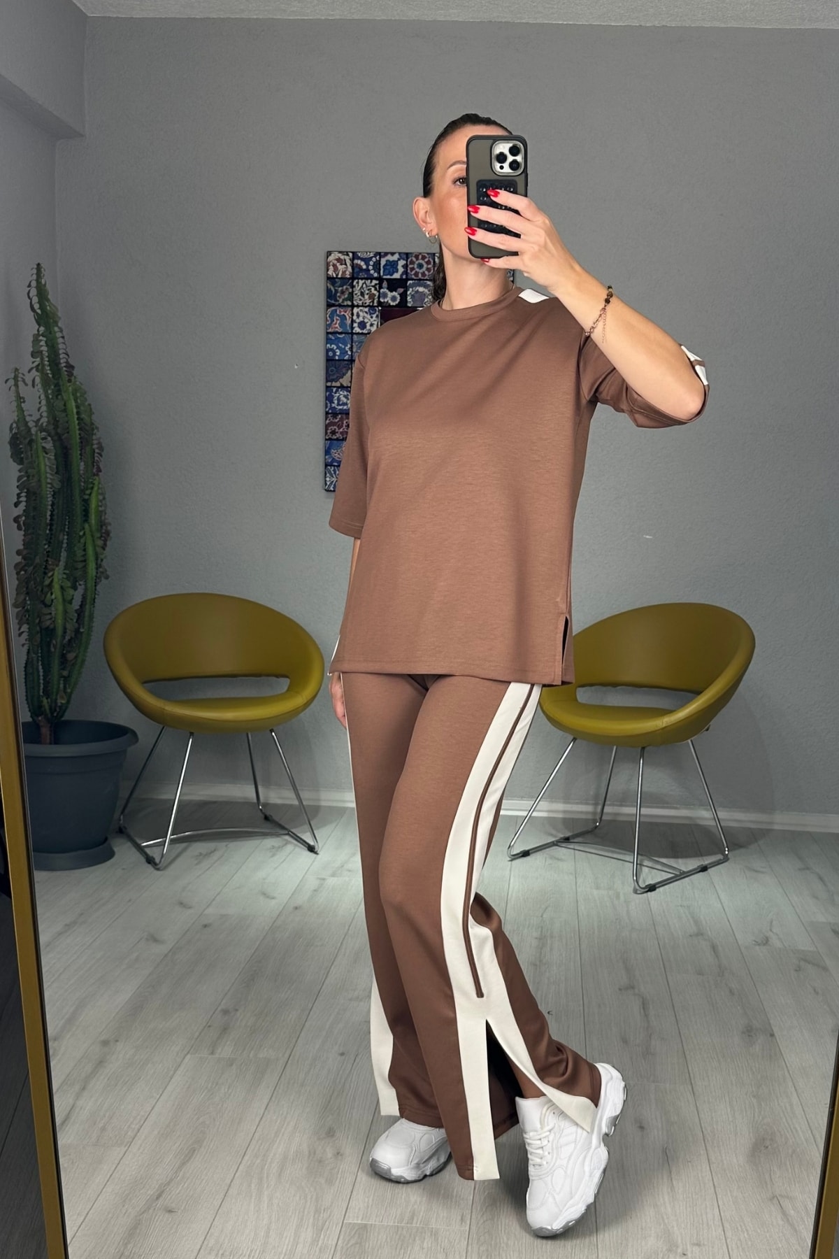 Modal Yanları Şeritli Tişört Pantolon Takım