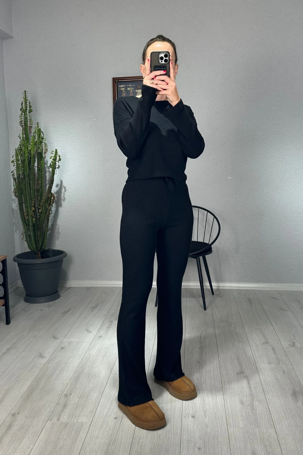 Bisiklet Yaka Crop Bol Paça Pantolon Takım