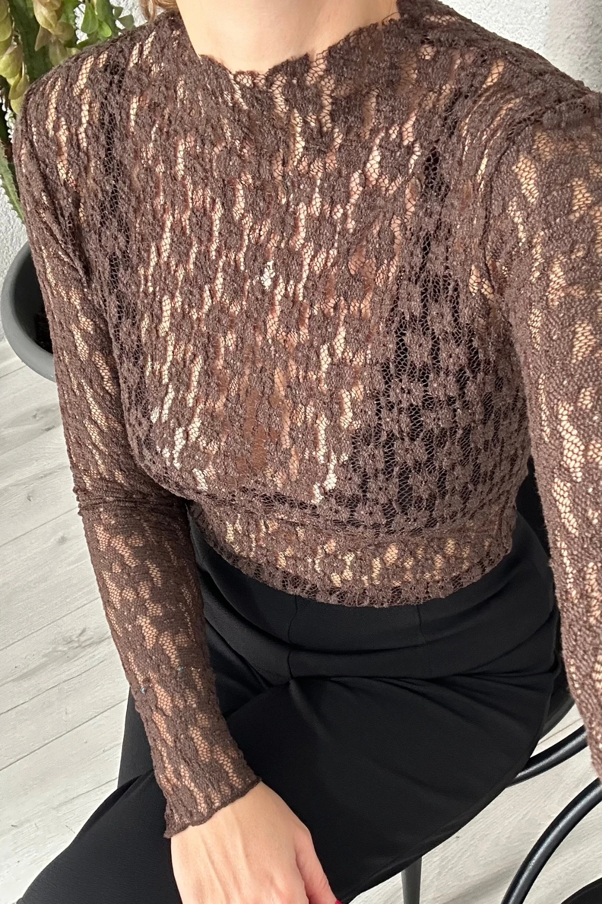 Transparan Uzun Kollu Tül Bluz