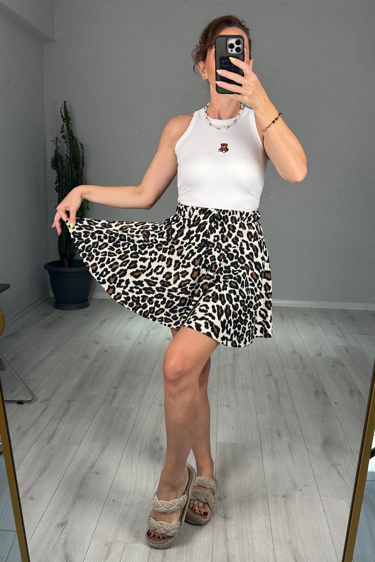 Beli Lastikli Çok Renkli Şort Etek  - leopar