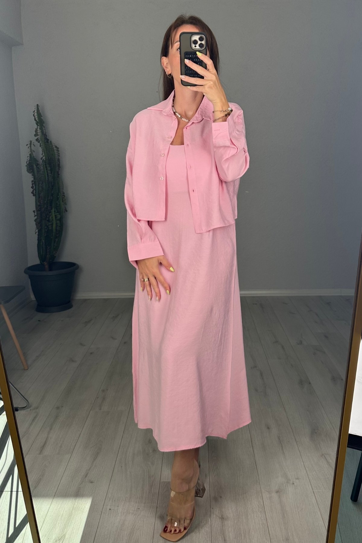 Tensel Kumaş Elbise Gömlek Takım  - pembe
