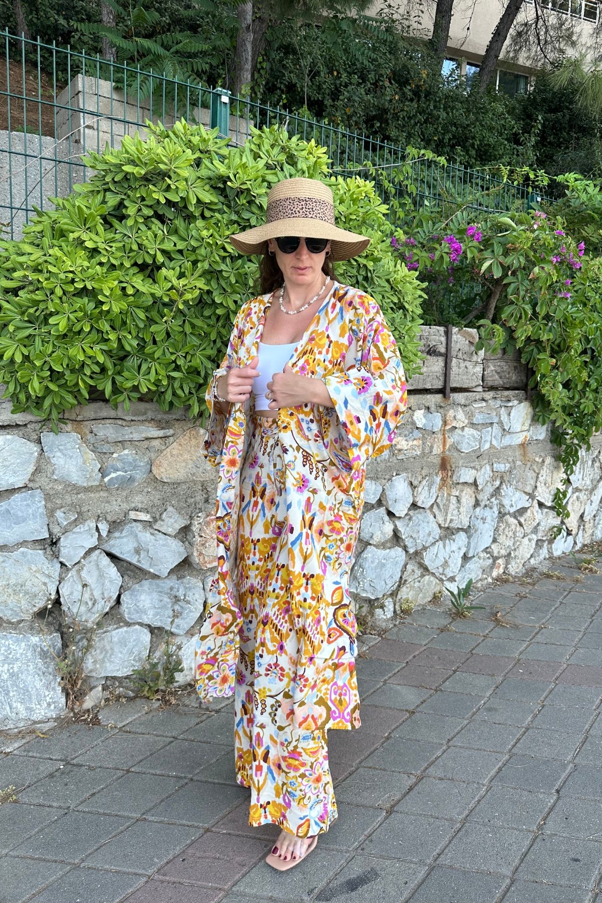 Desenli Kimono Pantolon Takım  - Hardal