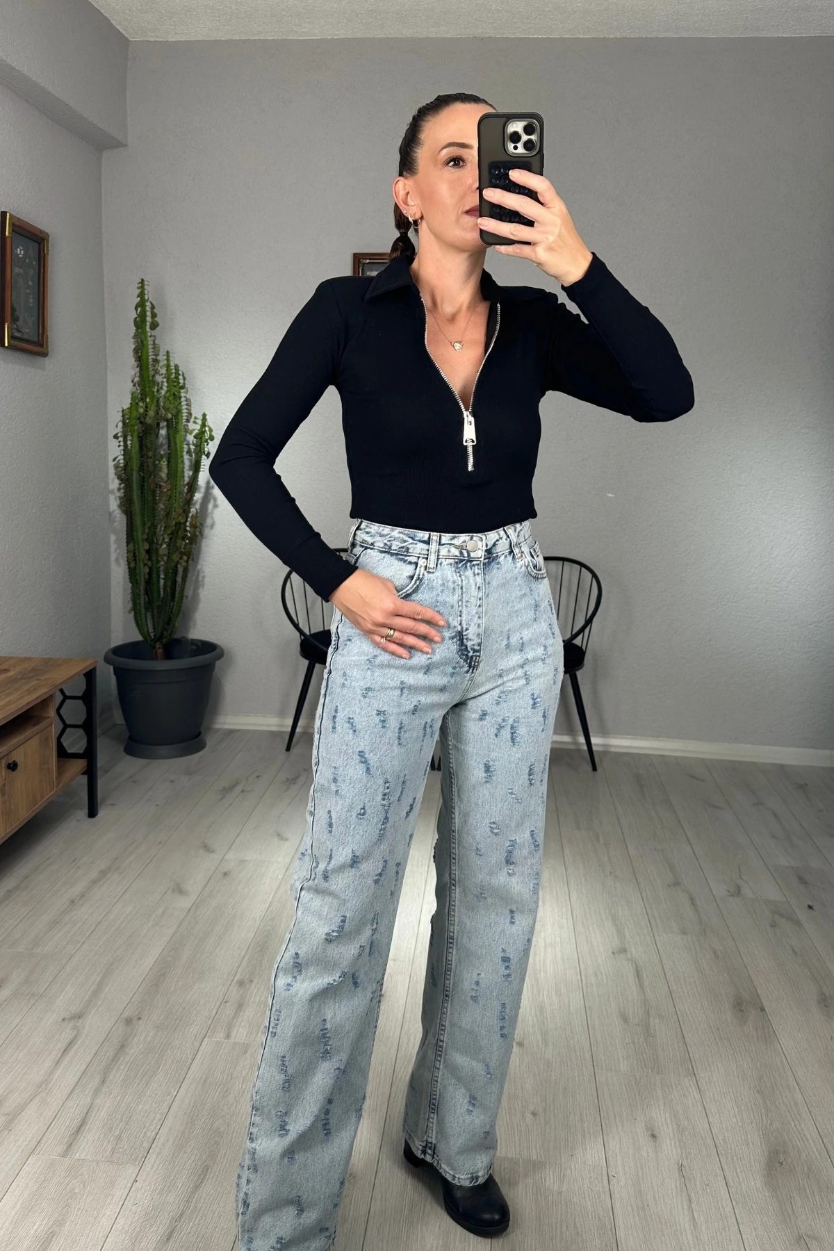 Polo Yaka Fermuarlı Vatkalı Bluz 