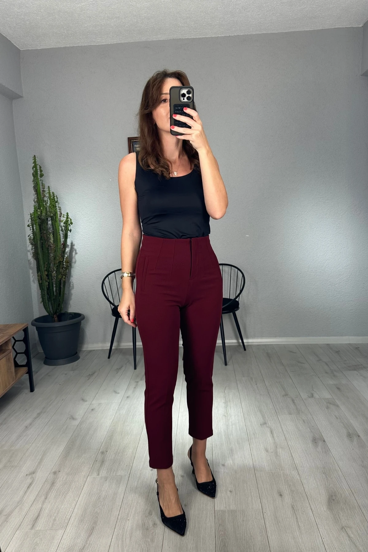 Zara Model Pensli Dar Paça Pantolon  - Bordo