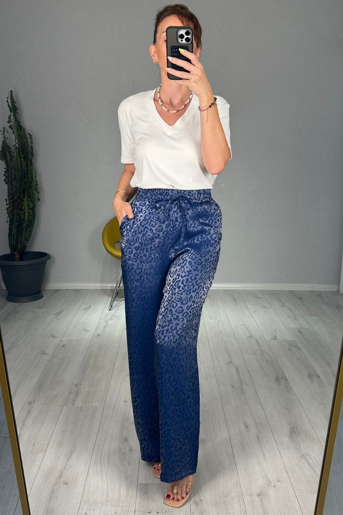 Leopar Bol Paça Pantolon  - Mavi