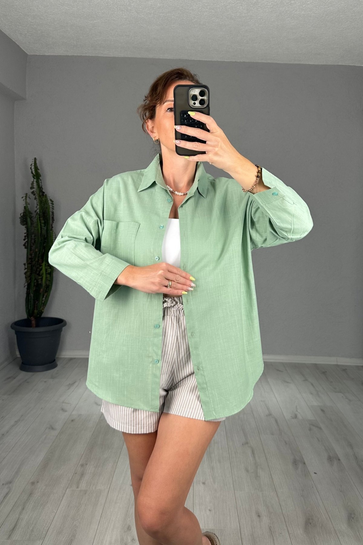Keten Tek Cepli Oversize Gömlek  - mint yeşili