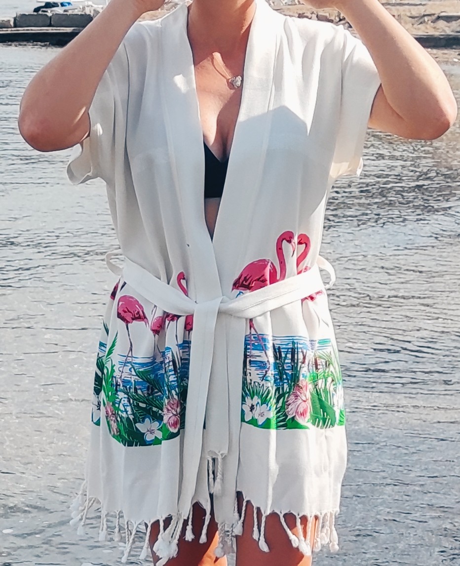 Kadın Pamuklu Pareo Plaj Elbisesi - kimono flamingo