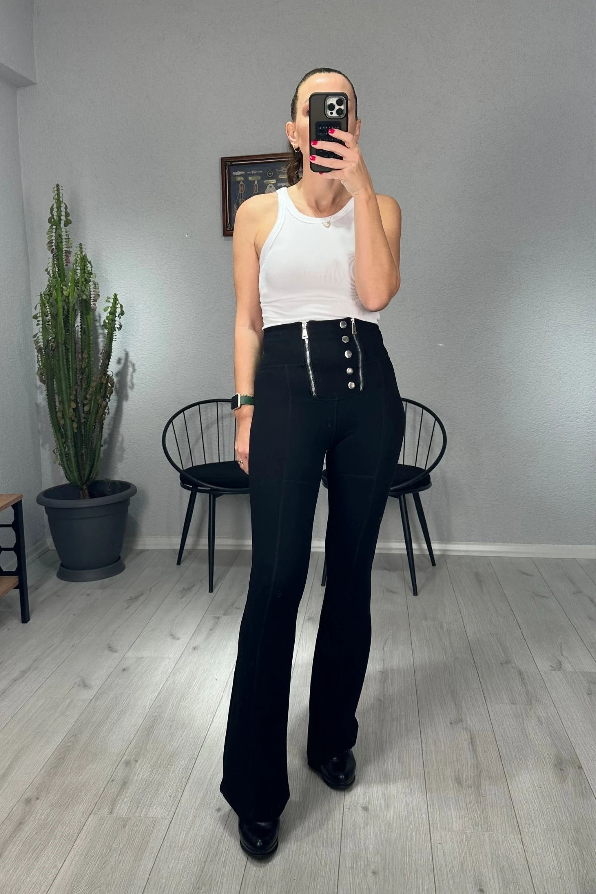 İspanyol Paça Çift Fermuarlı Tayt - Siyah