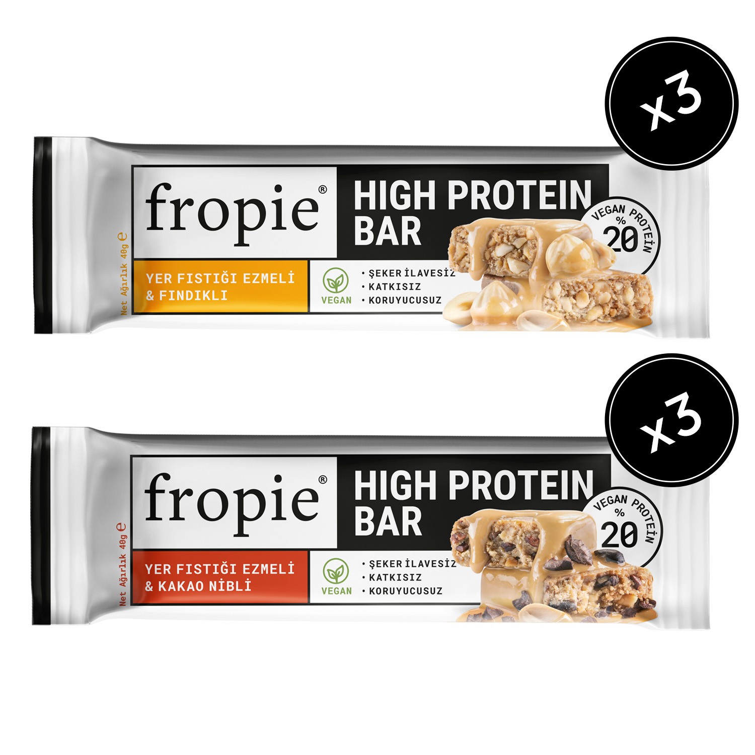Fropie Vegan High Protein Bar 6’lı Set - Yer Fıstık Ezmeli & Fındıklı & Kakao Nibli