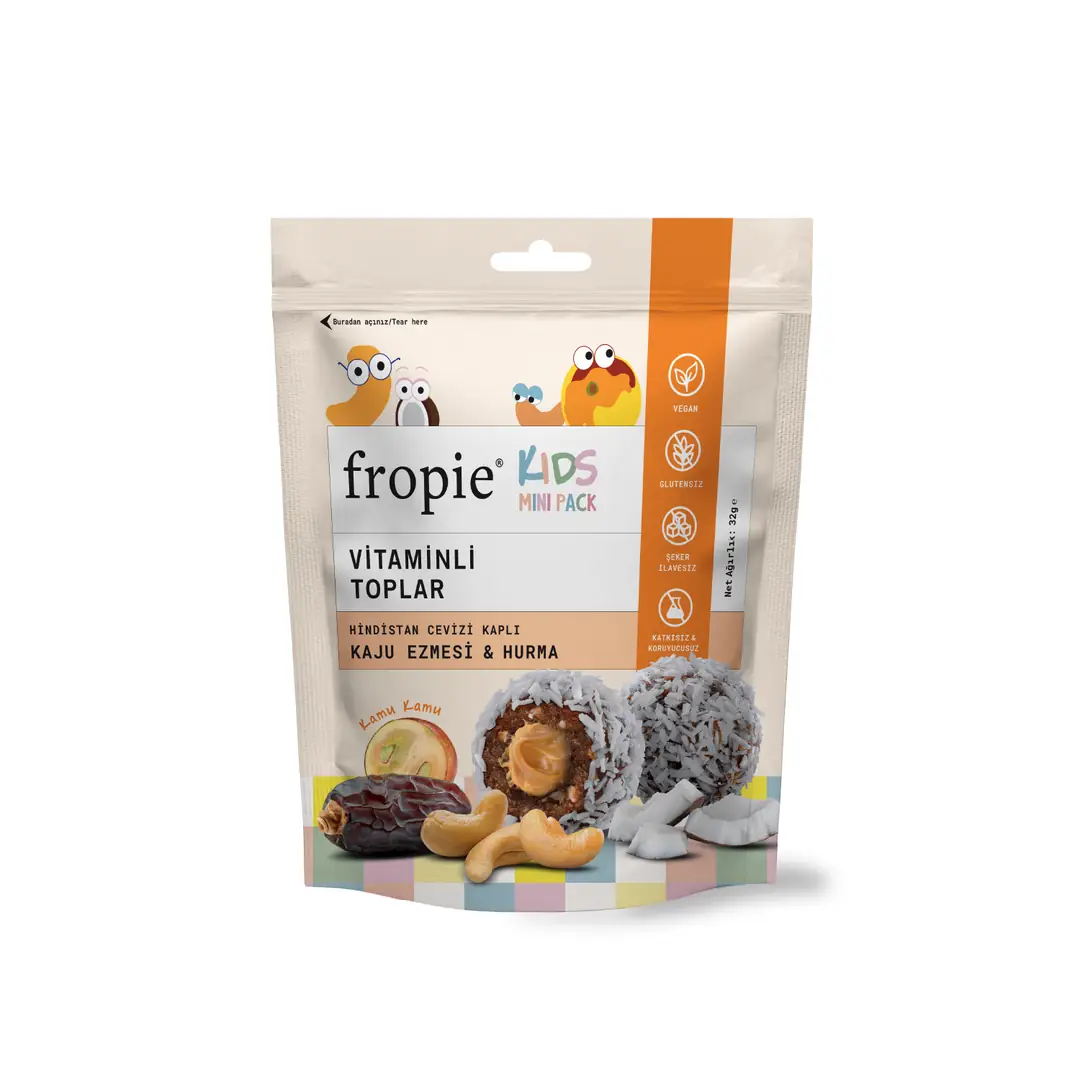 Fropie Vitaminli Kids Hurma Topu Mini Hindistan Cevizi Kaplı ve Kaju Ezmeli 32 gr
