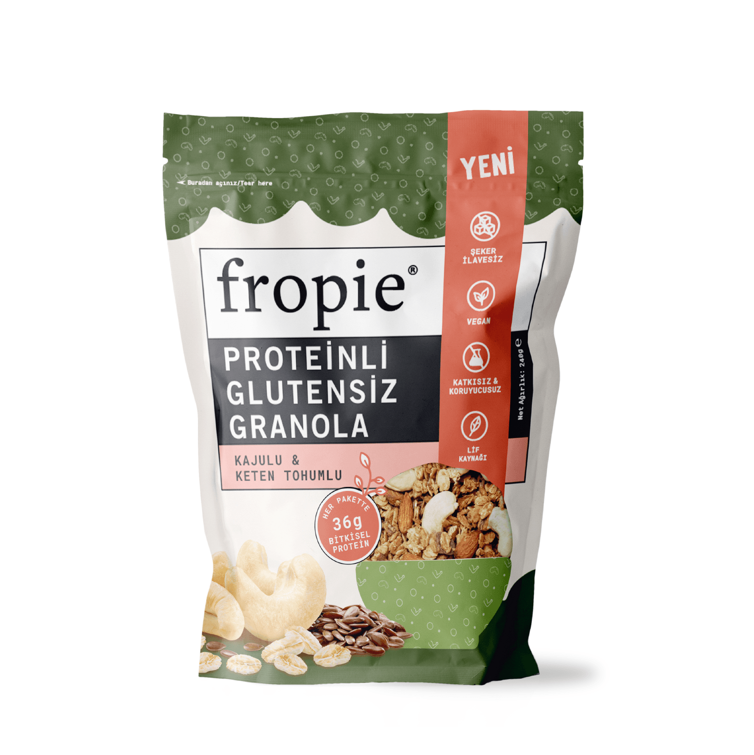 Toptan - Proteinli Glutensiz Granola - Kaju & Keten Tohumu 240gr 12 Adet