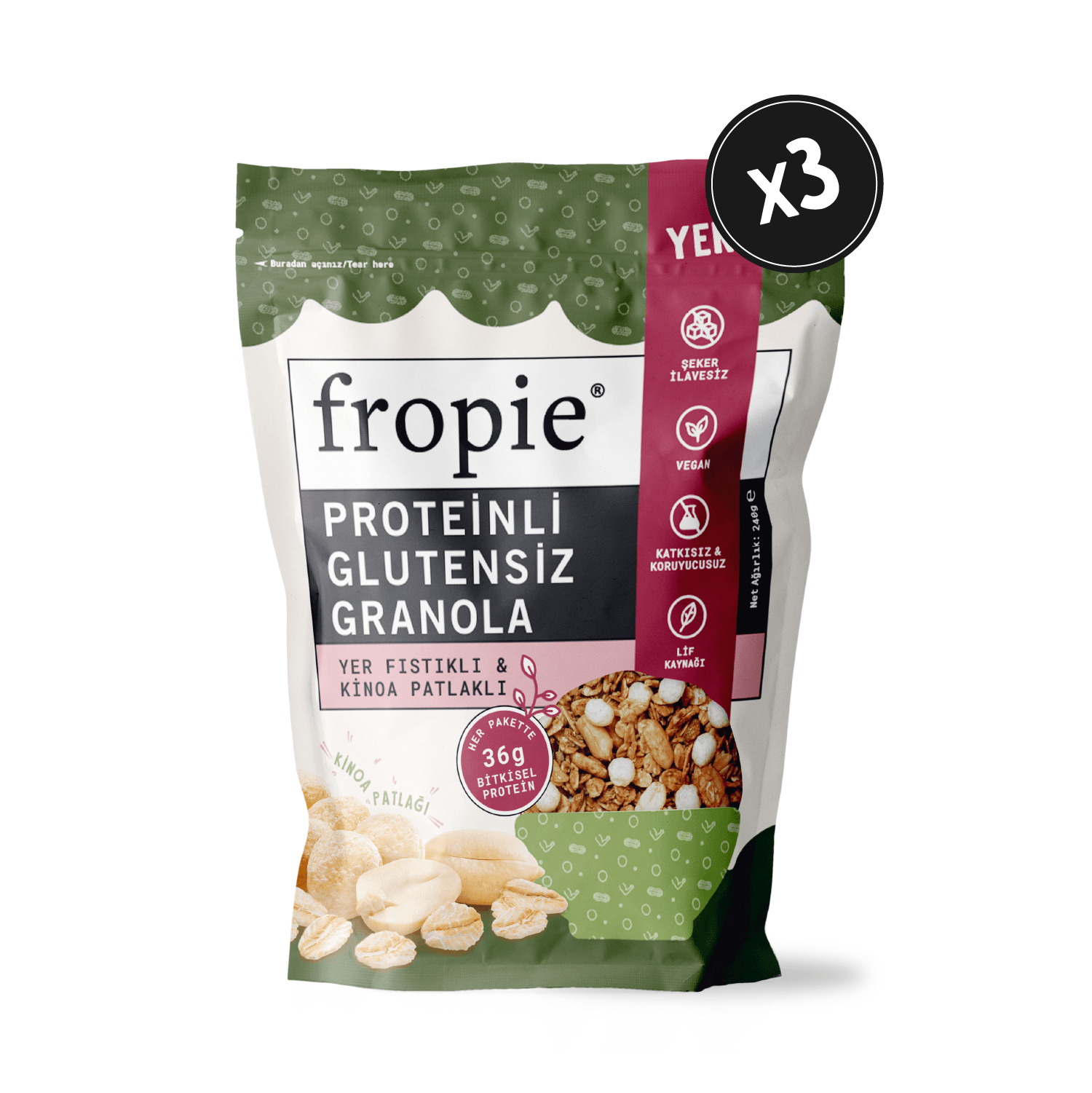 Protein Granola - Yer Fıstığı & Kinoa Patlağı 240gr x 3 Adet