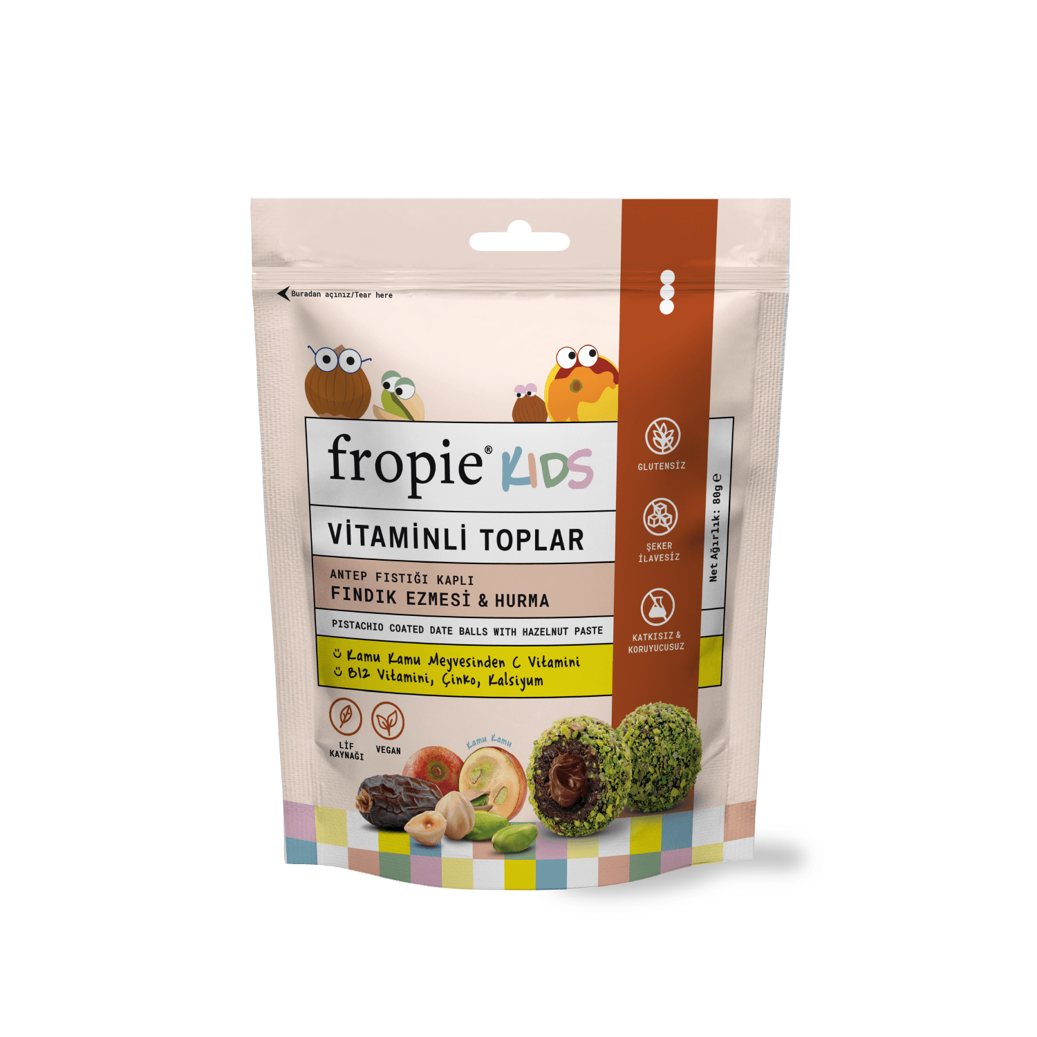 Toptan - Vitaminli Kids Meyve Topları - Antep Fıstığı Kaplı & Fındık Ezmeli 80 gr 12 Adet
