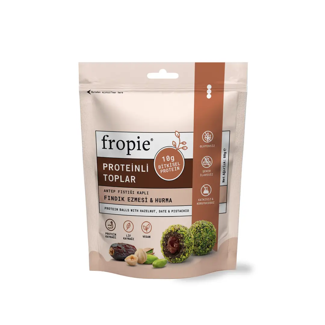 Fropie Proteinli Hurma Topu Antep Fıstığı Kaplı ve Fındık Ezmeli 80 gr
