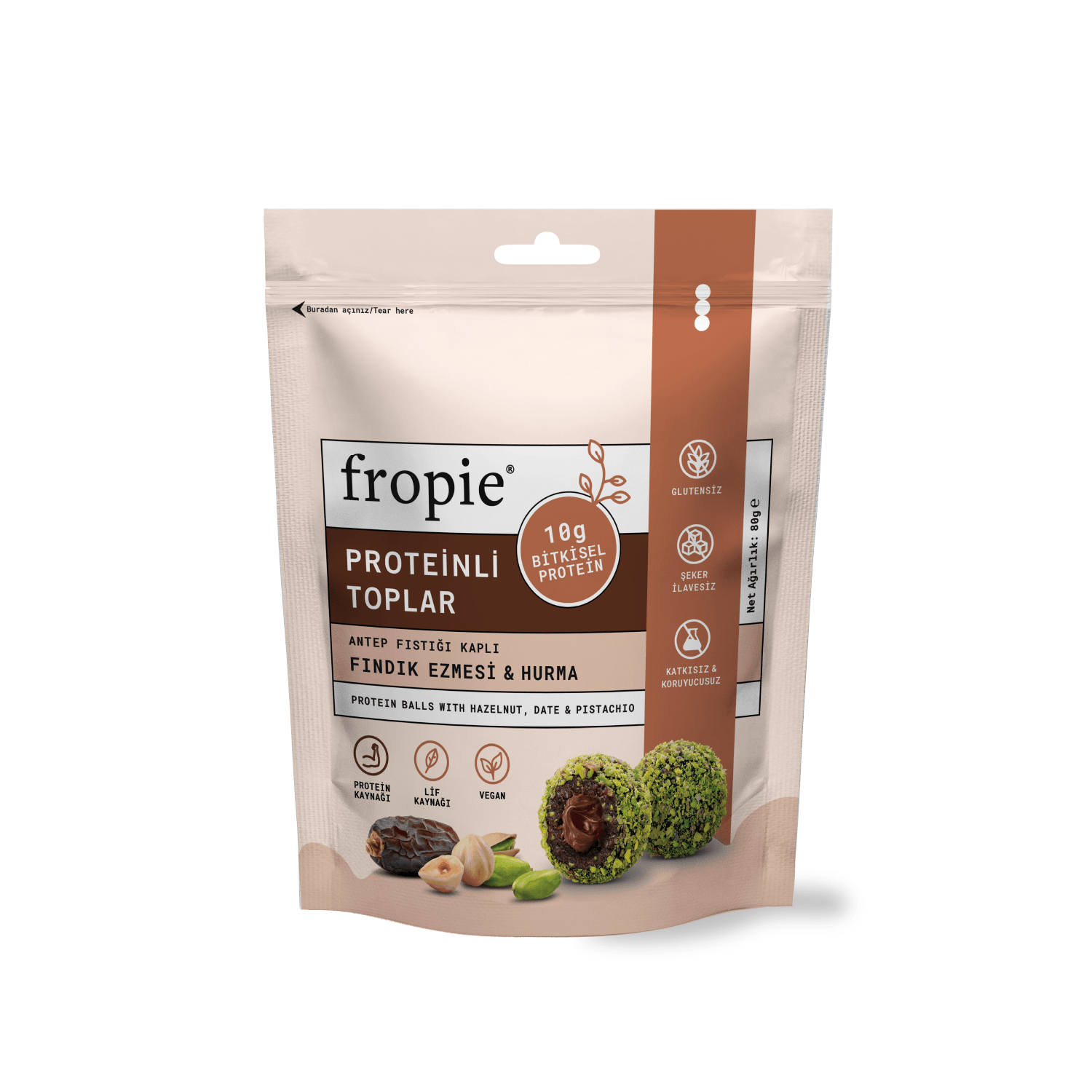 Toptan - Proteinli Meyve Topları - Antep Fıstığı Kaplı & Fındık Ezmeli 80 gr 12 Adet