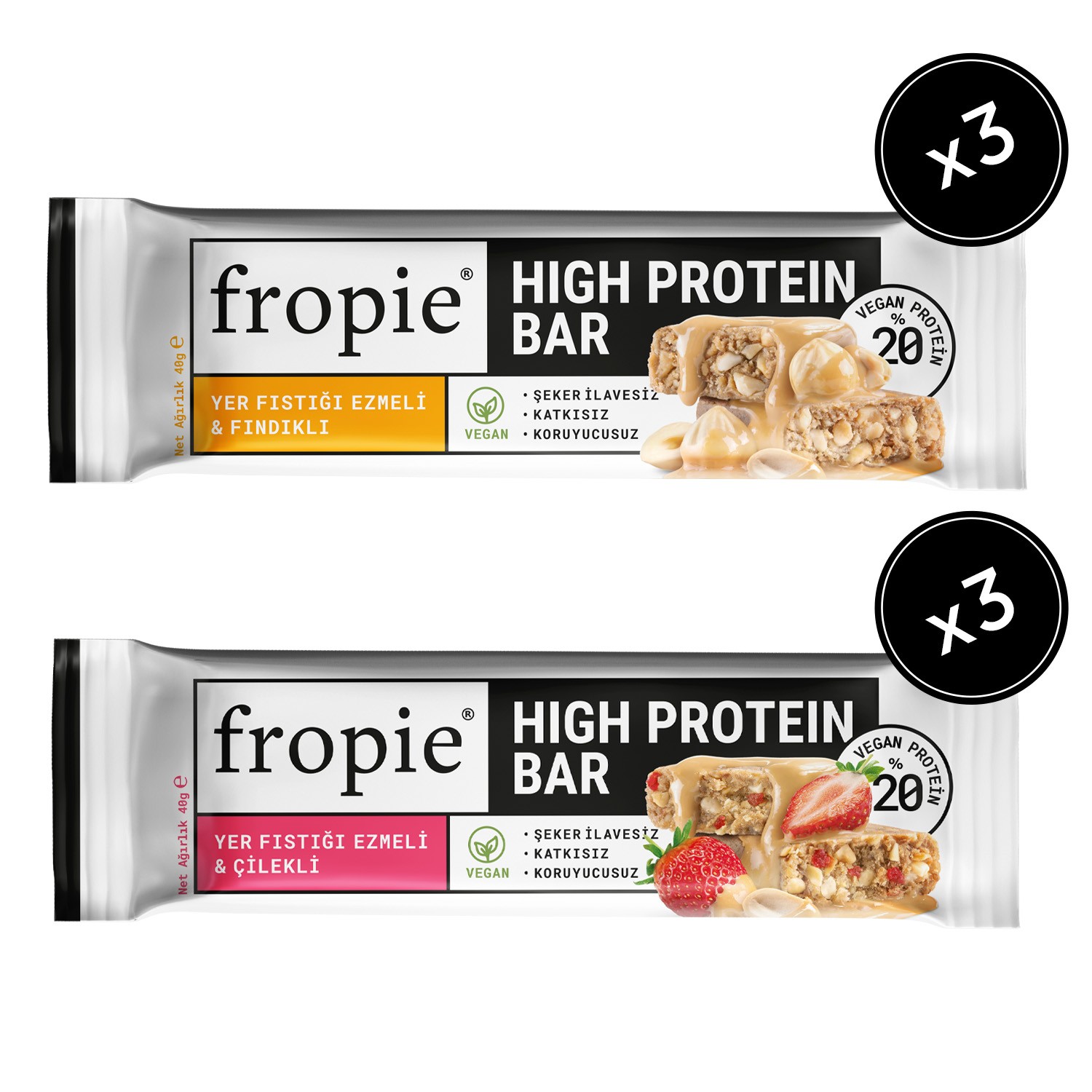 Fropie Vegan High Protein Bar 6’lı Set - Yer Fıstık Ezmeli & Fındıklı & Çilekli