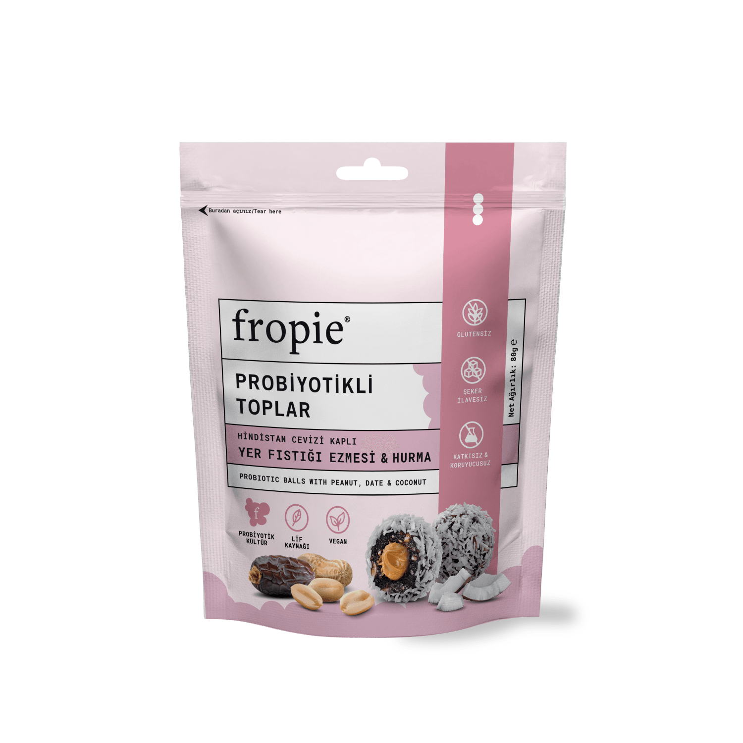 Toptan - Probiyotikli Meyve Topları - Hindistan Cevizi Kaplı & Yer Fıstığı Ezmeli 80 gr 12 Adet