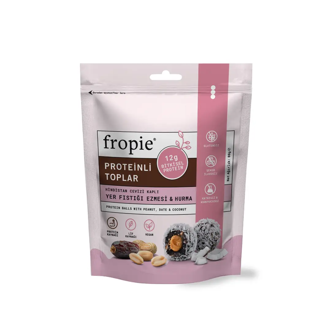 Fropie Proteinli Hurma Topu Hindistan Cevizi Kaplı ve Yer Fıstığı Ezmeli 80 gr