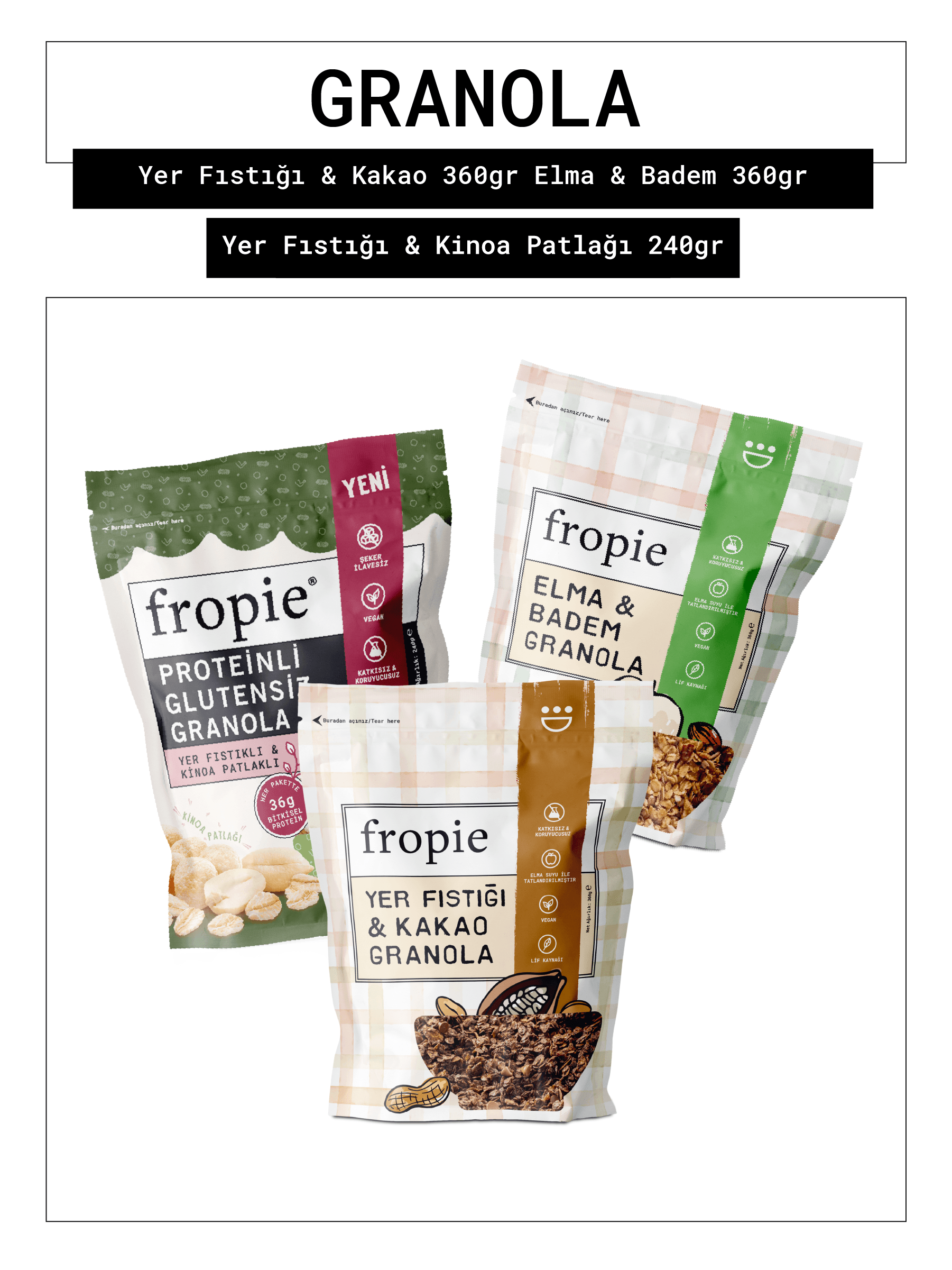 Fropie Yer fıstığı & Kakao - Elma & Badem - Glutensiz Yer Fıstıklı & Kinoa Patlaklı Granola 3’lü Set