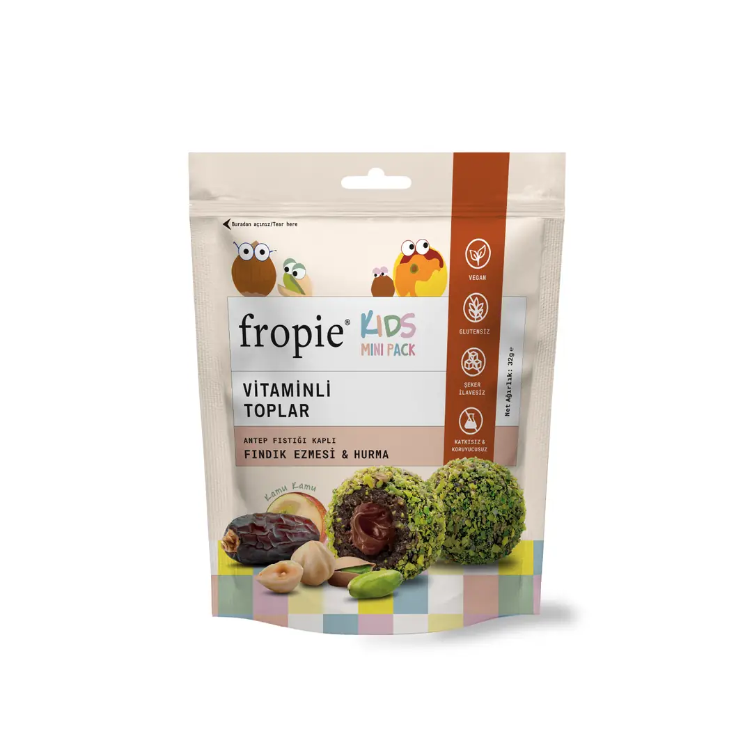 Fropie Vitaminli Kids Hurma Topu Mini Antep Fıstığı Kaplı ve Fındık Ezmeli 32 gr