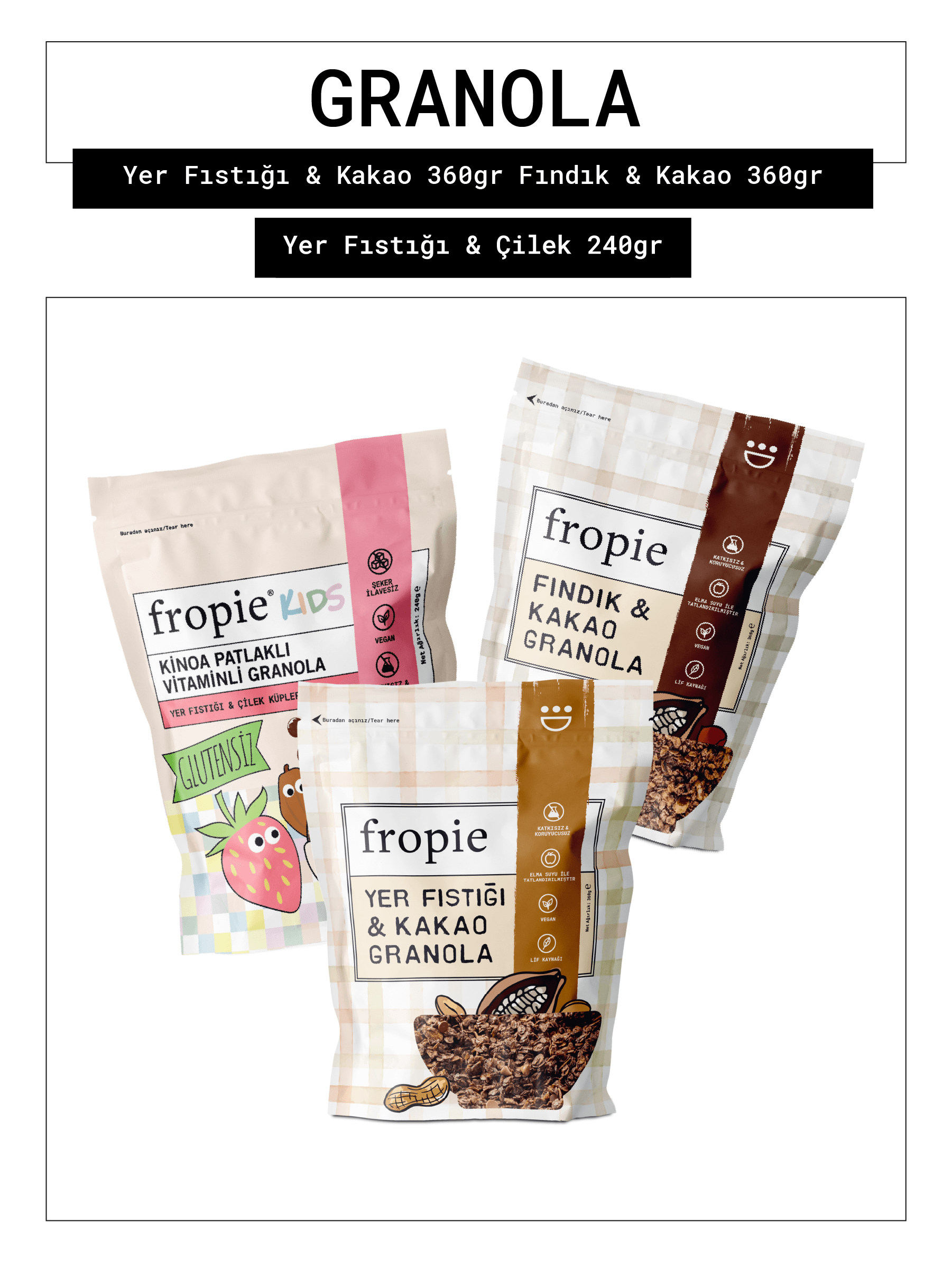 Fropie Yer fıstığı & Kakao - Fındık & Kakao - Kids Yer Fıstığı & Çilek Küpleri Granola 3’lü Set