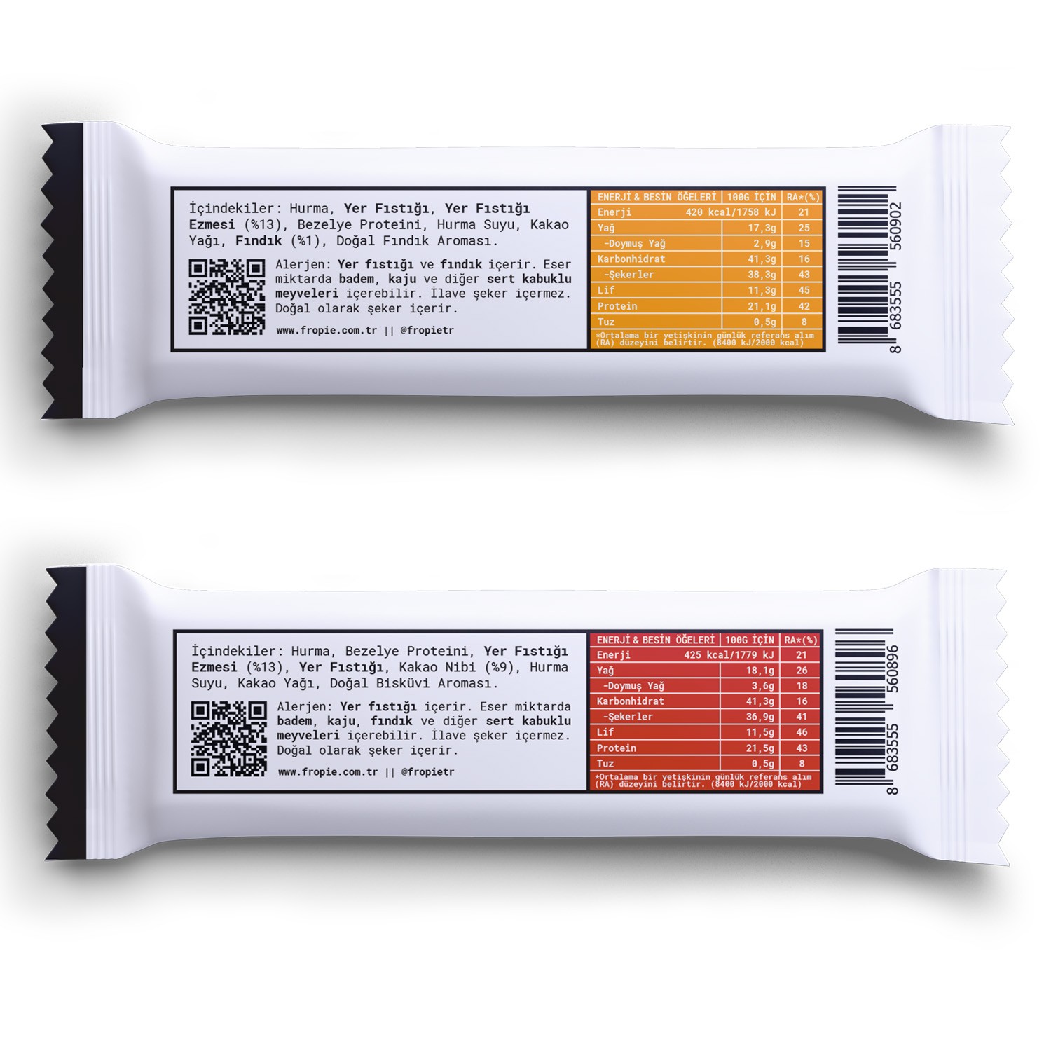 Fropie Vegan High Protein Bar 6’lı Set - Yer Fıstık Ezmeli & Fındıklı & Kakao Nibli