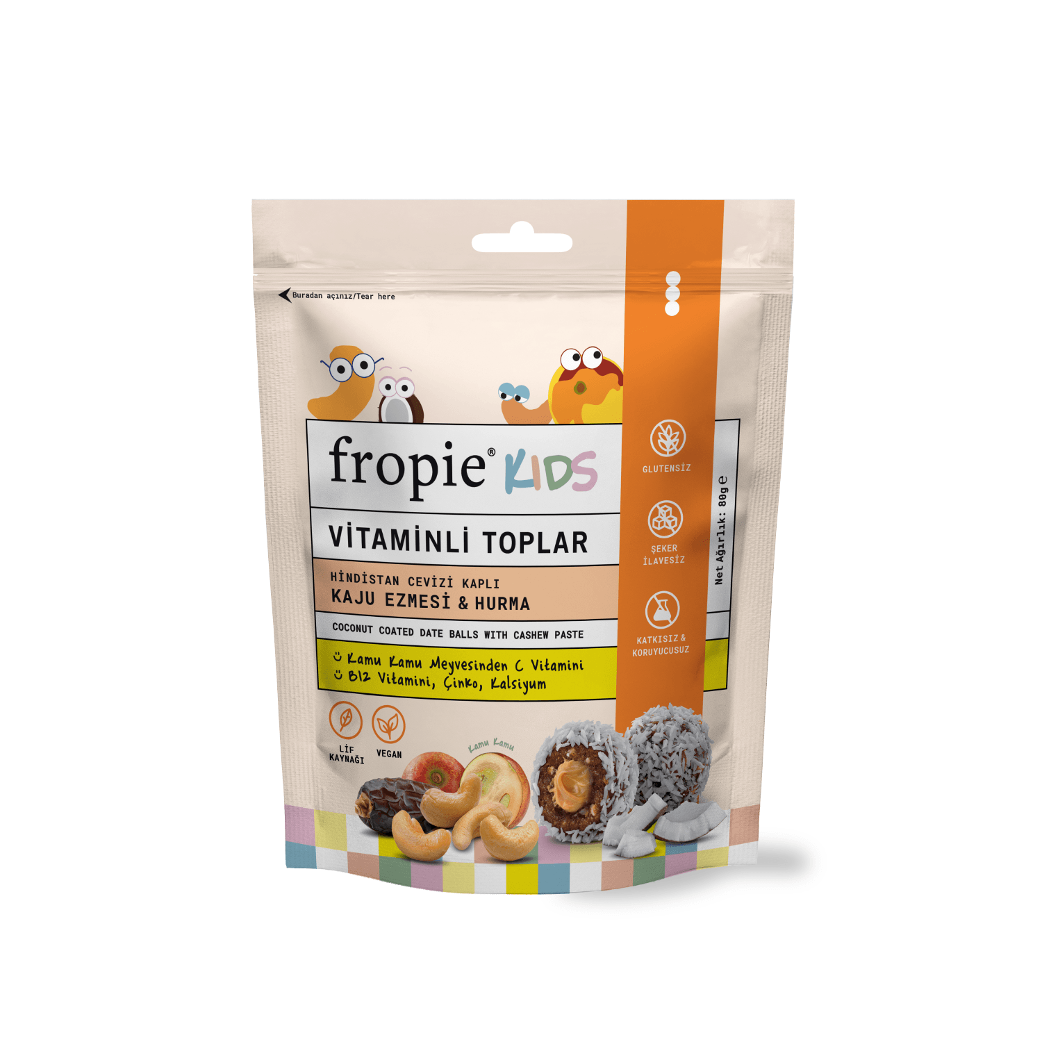 Toptan - Vitaminli Kids Meyve Topları - Hindistan Cevizi Kaplı & Kaju Ezmeli 80 gr 12 Adet
