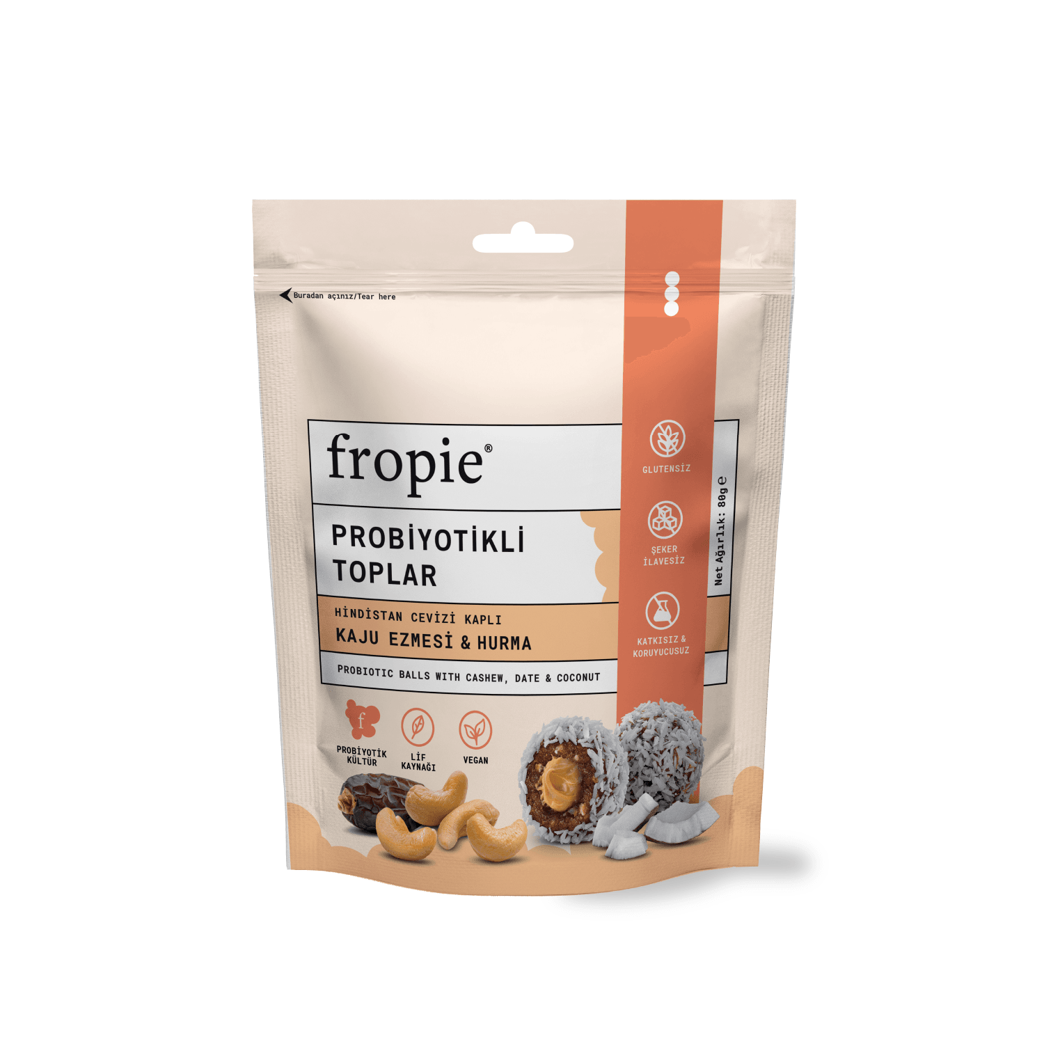 Toptan - Probiyotikli Meyve Topları - Hindistan Cevizi Kaplı & Kaju Ezmeli 80 gr 12 Adet